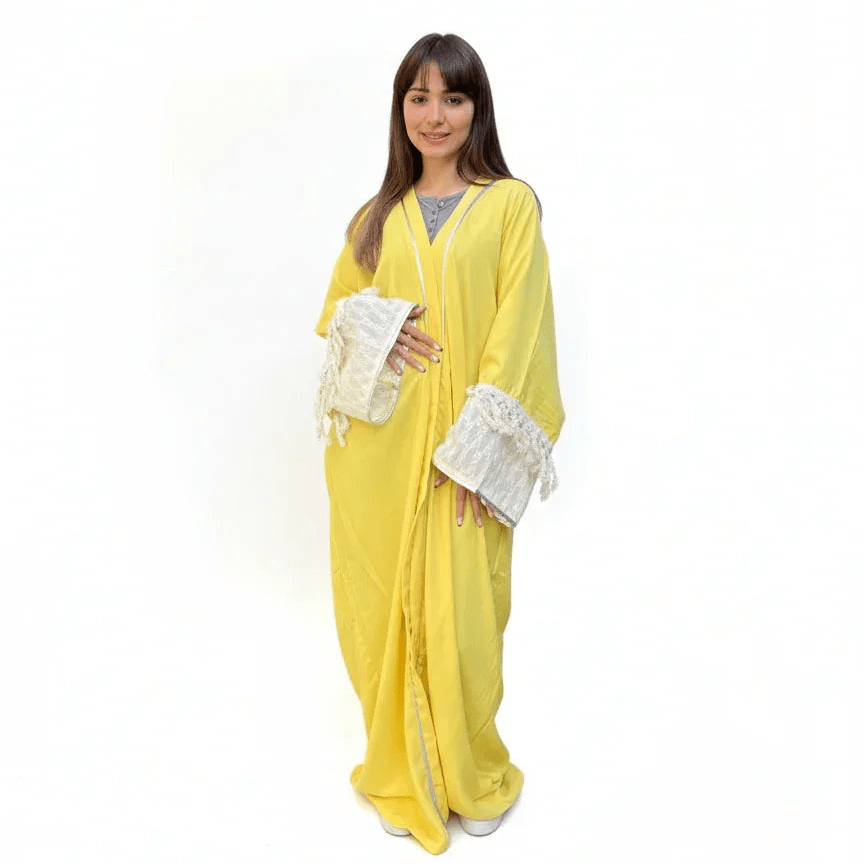 Yellow Linen Kaftan with Tassel Sleeves - Urbantique - Babazzaro