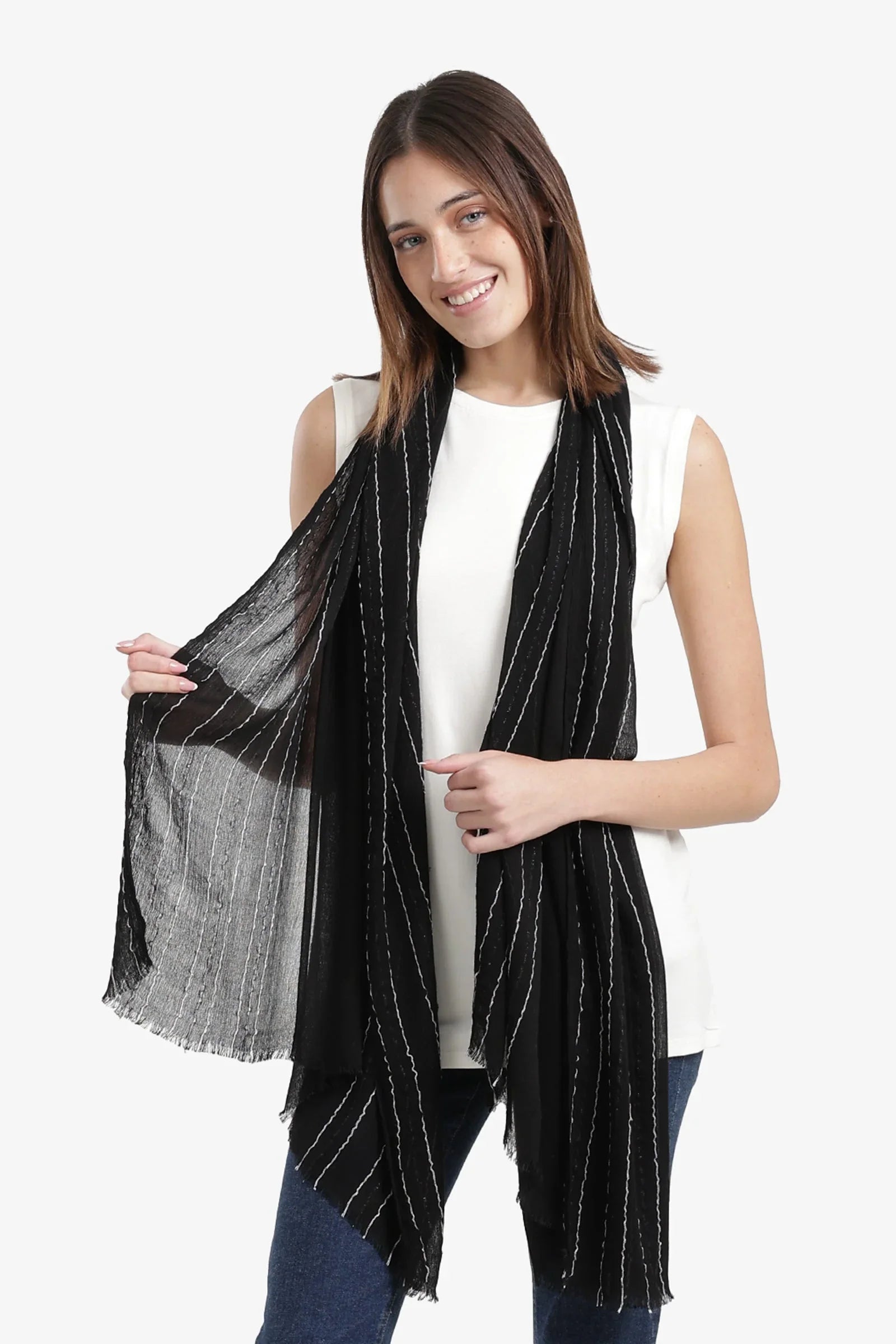 Carina - Striped Scarf with Fringed Edges 1