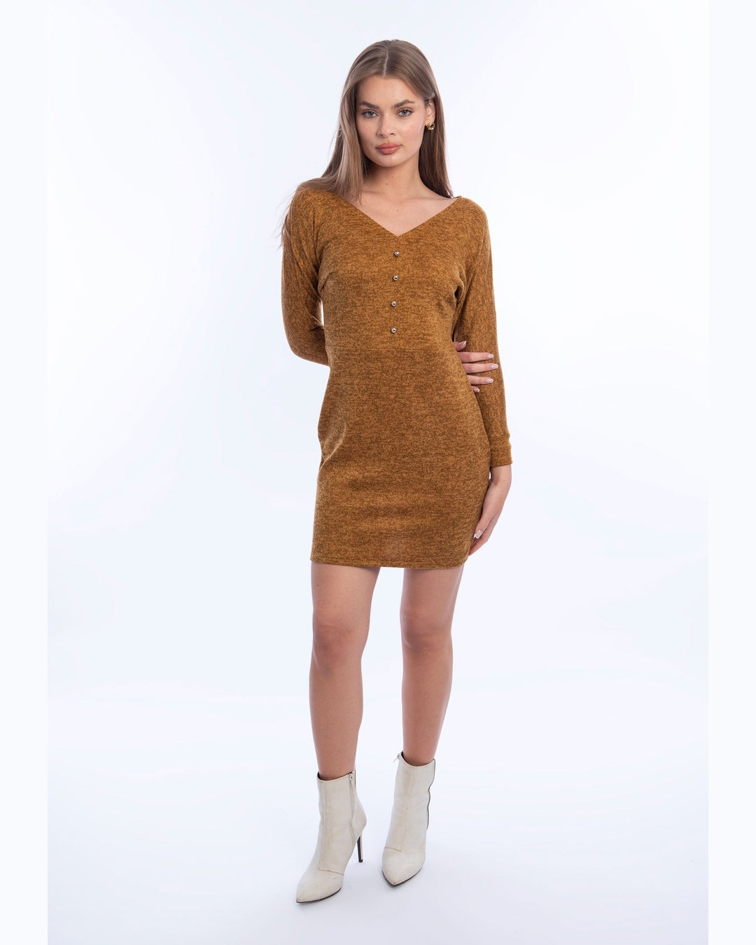 Viva - Mustard V-Neck Wool Short Dress 1