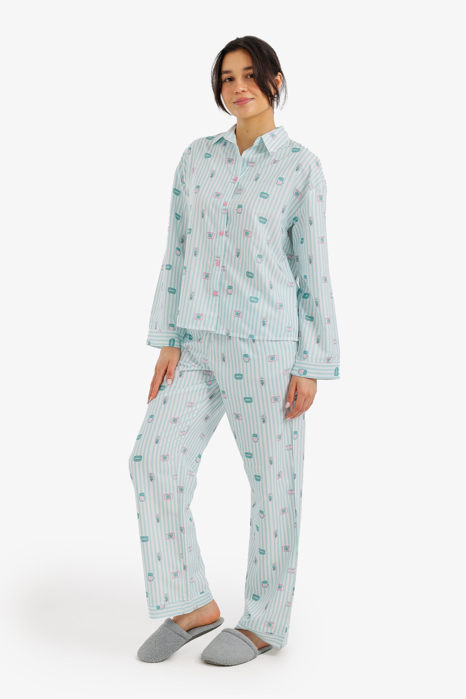 Striped Printed Pajama Set - Carina - Babazzaro
