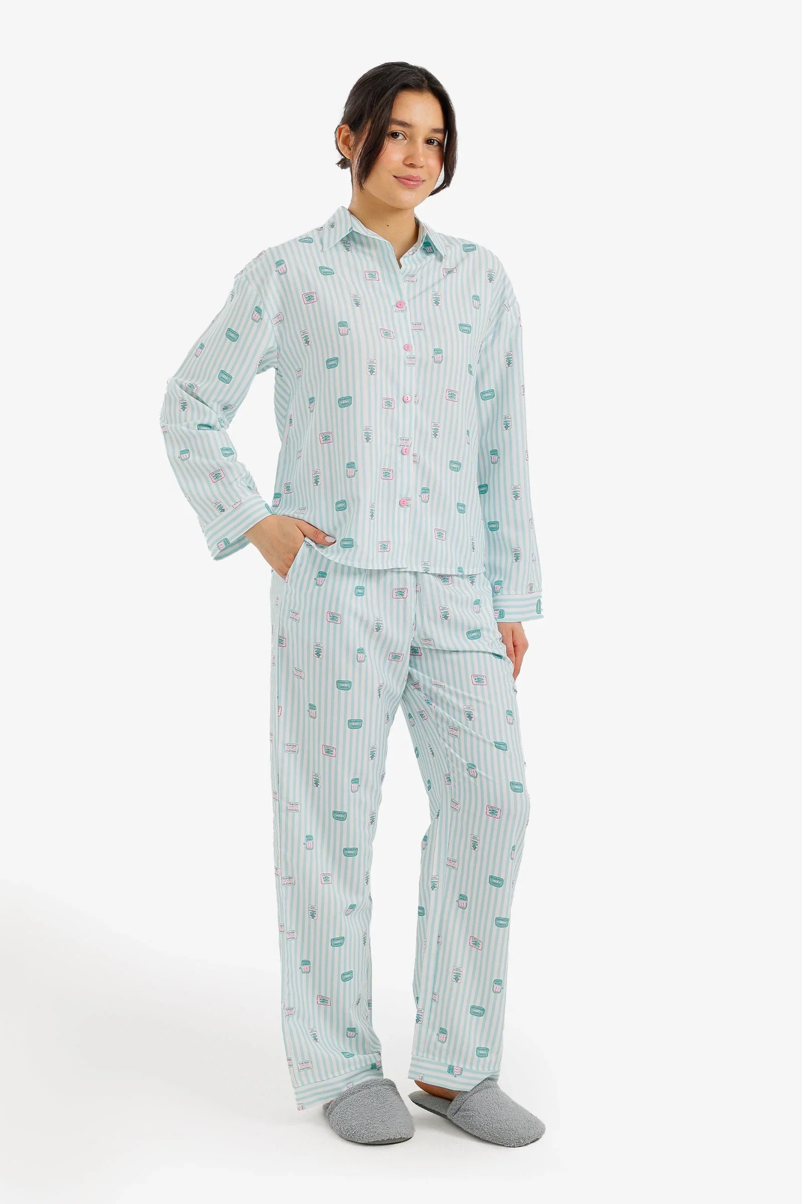 Striped Printed Pajama Set - Carina - Babazzaro