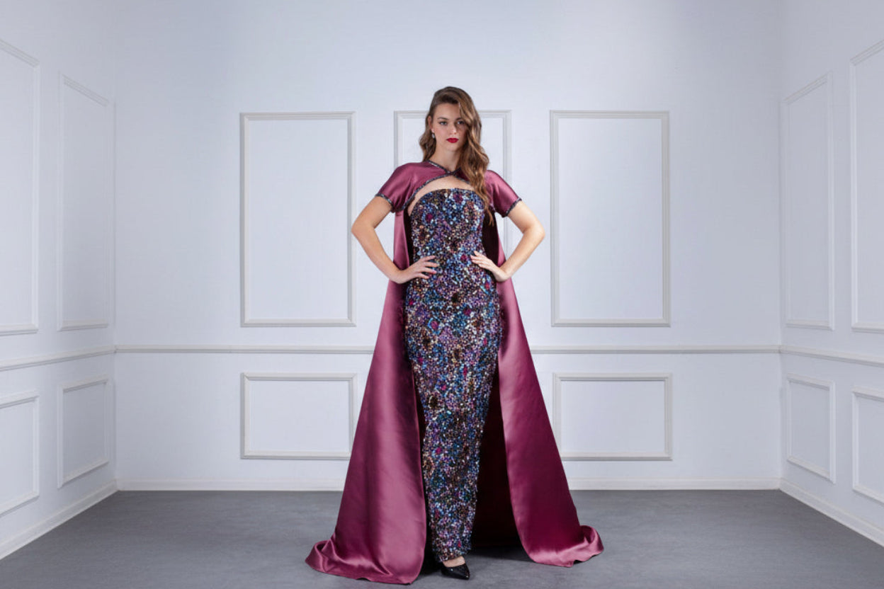 Reehan - Sequined pencil dress with cape bolero 3