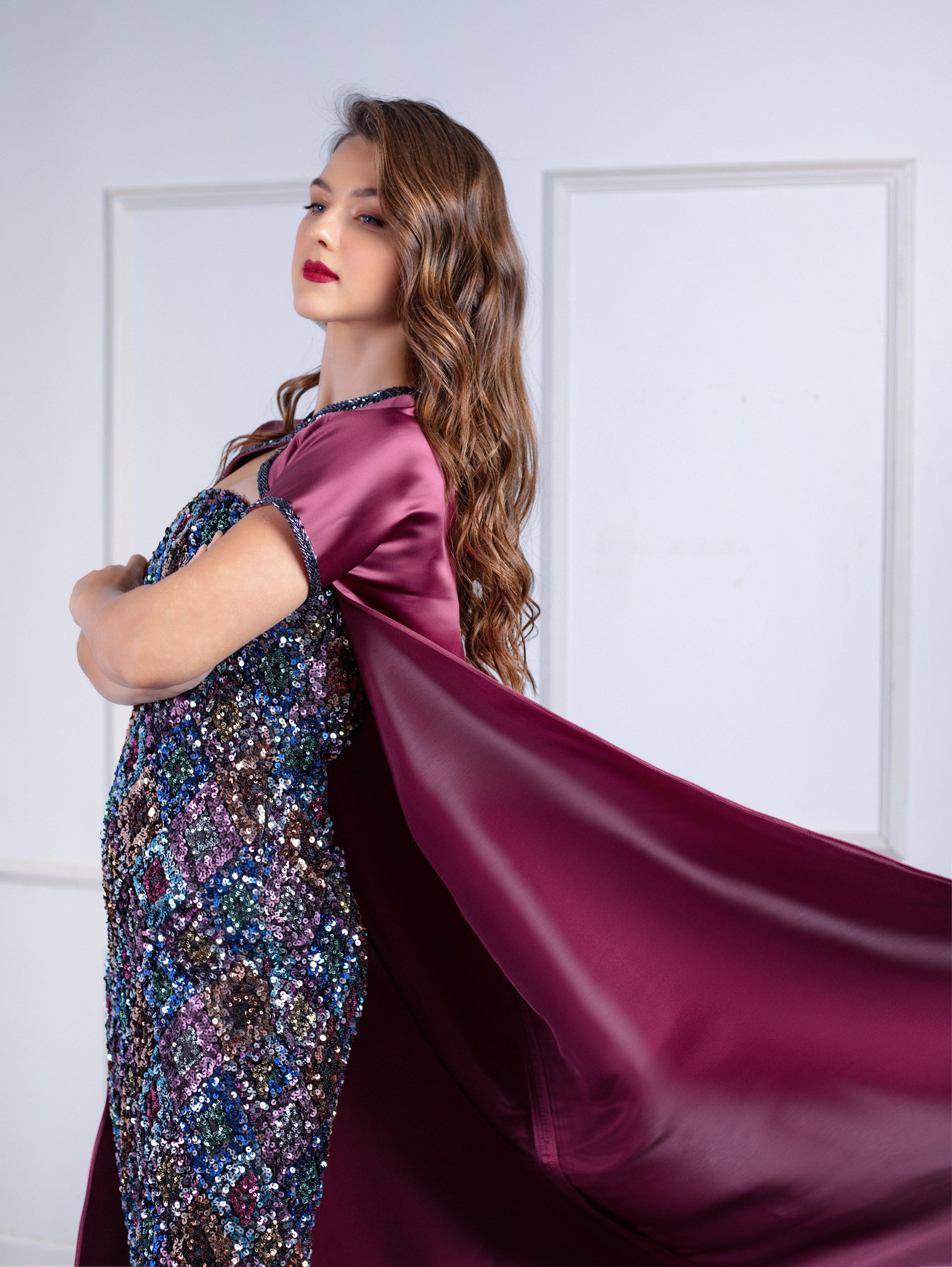 Reehan - Sequined pencil dress with cape bolero 7