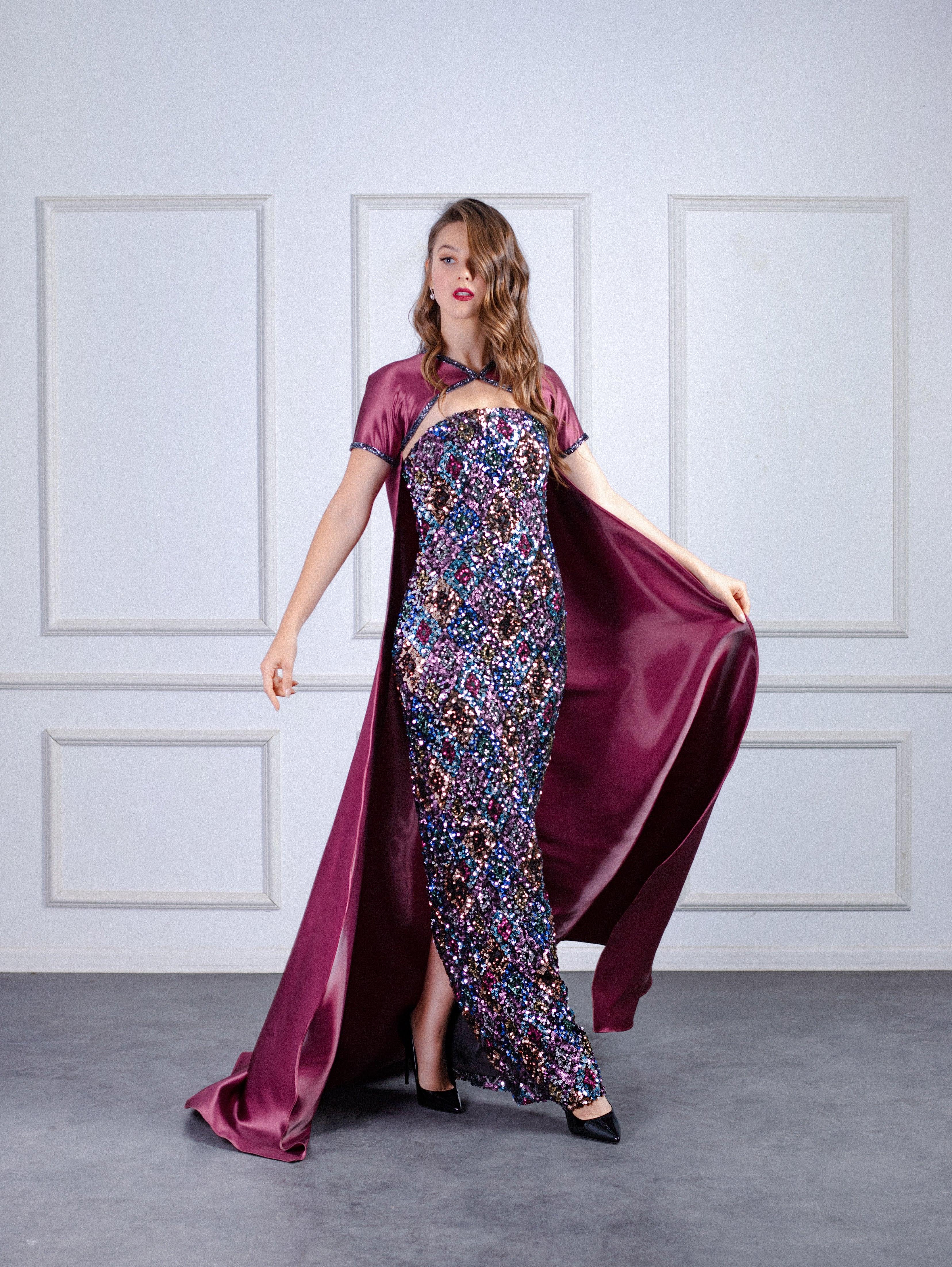 Reehan - Sequined pencil dress with cape bolero 8