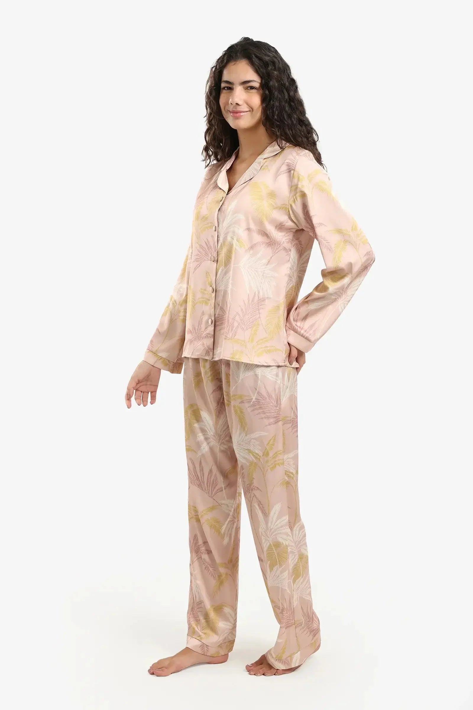 Carina - Leaf Print Satin Pyjama Set 3