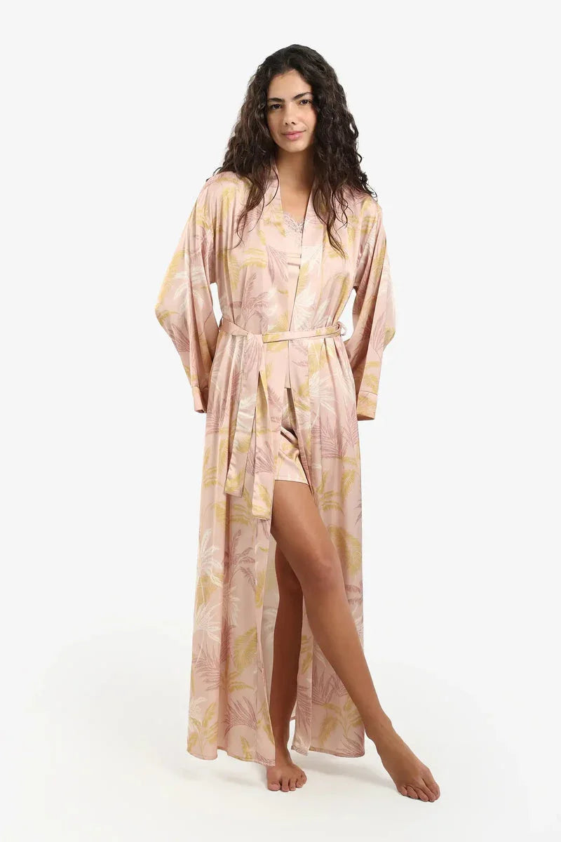 Carina - Leaf Print Maxi Satin Robe 1