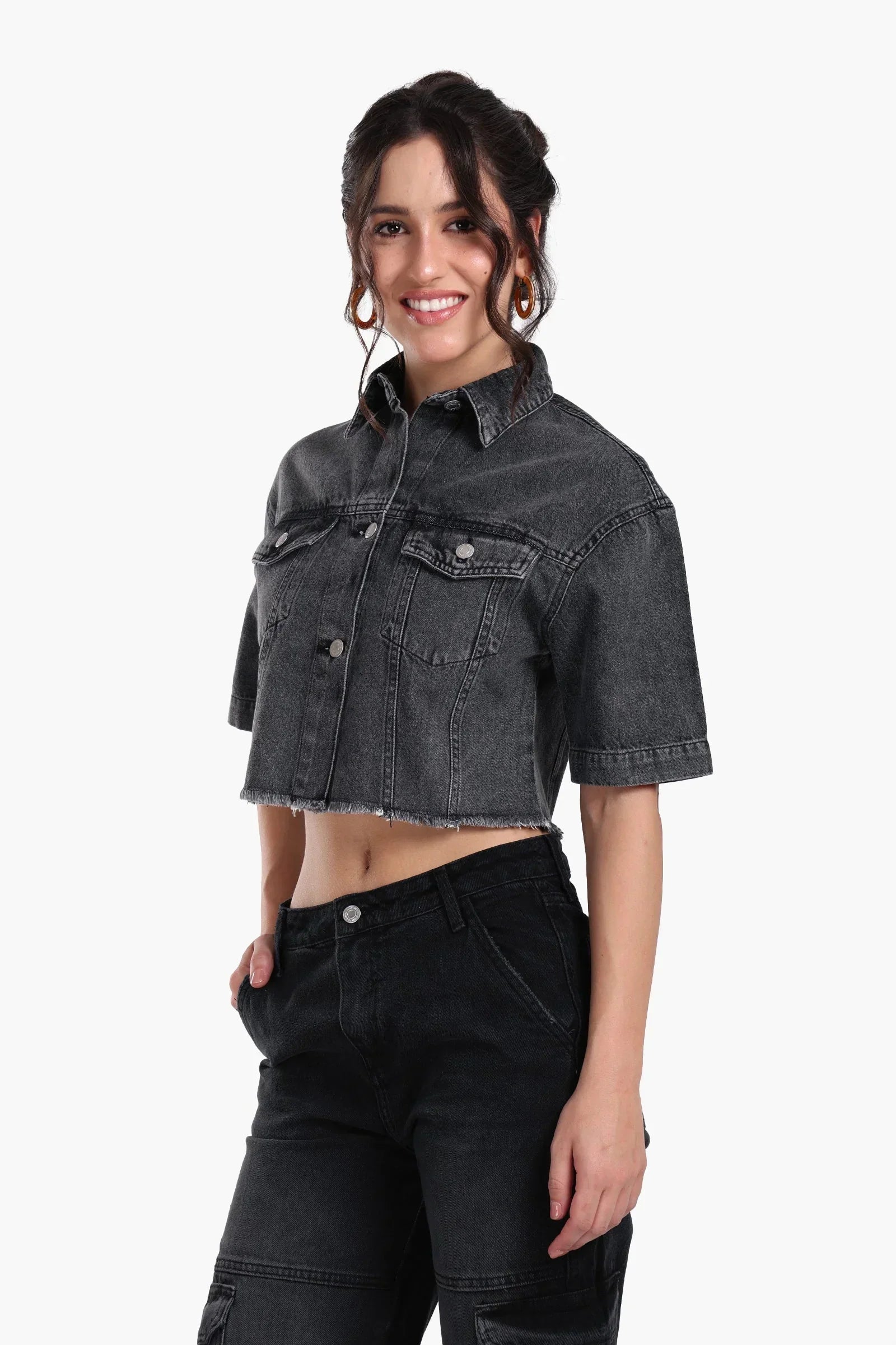 Clue - Grey Cropped Denim Shirt 2