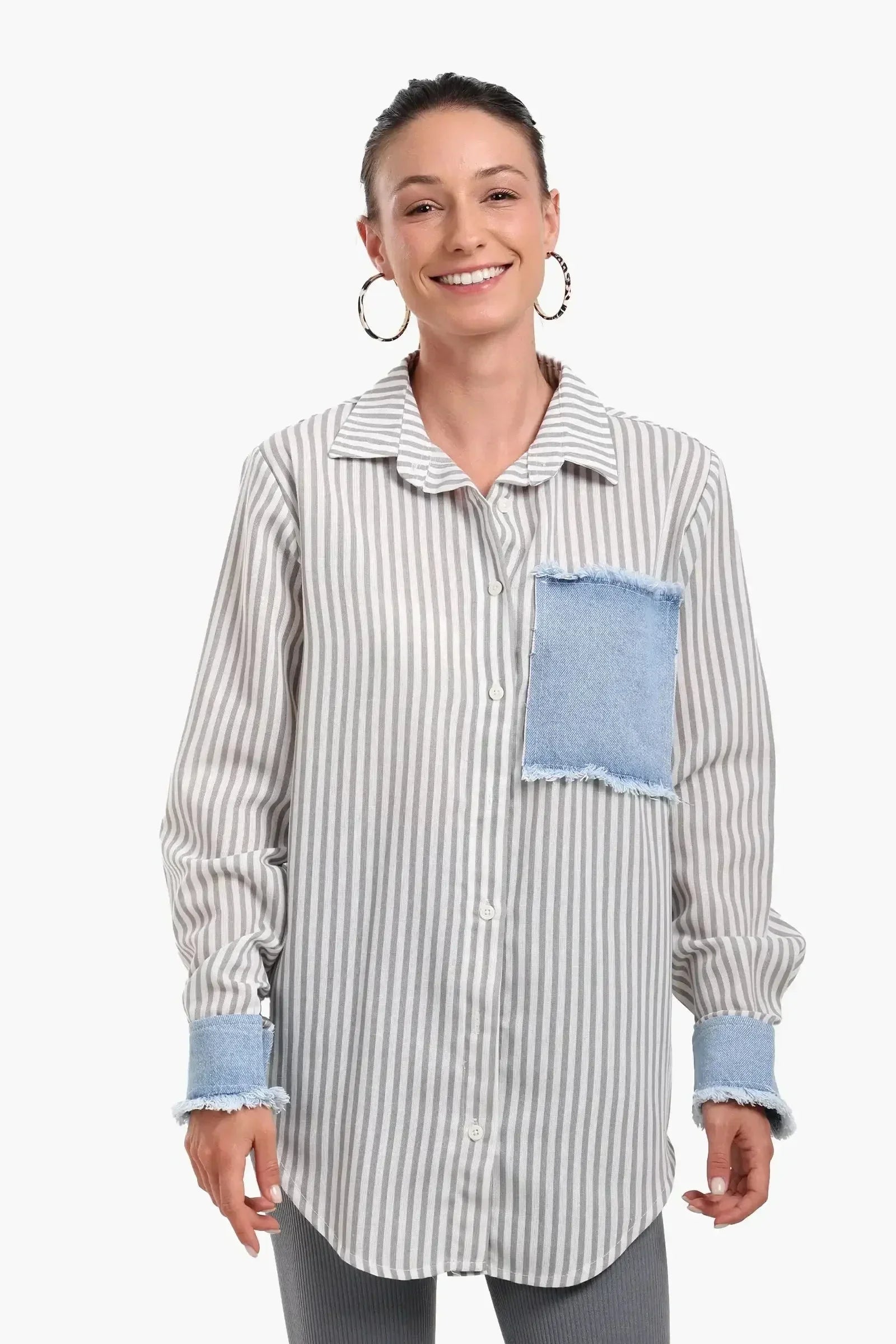Carina - Striped Shirt with Denim Details 2