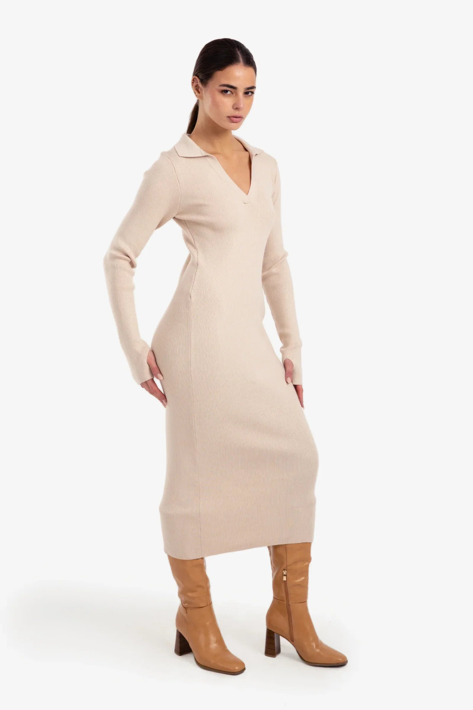V-Neck Ribbed Dress - Clue 10