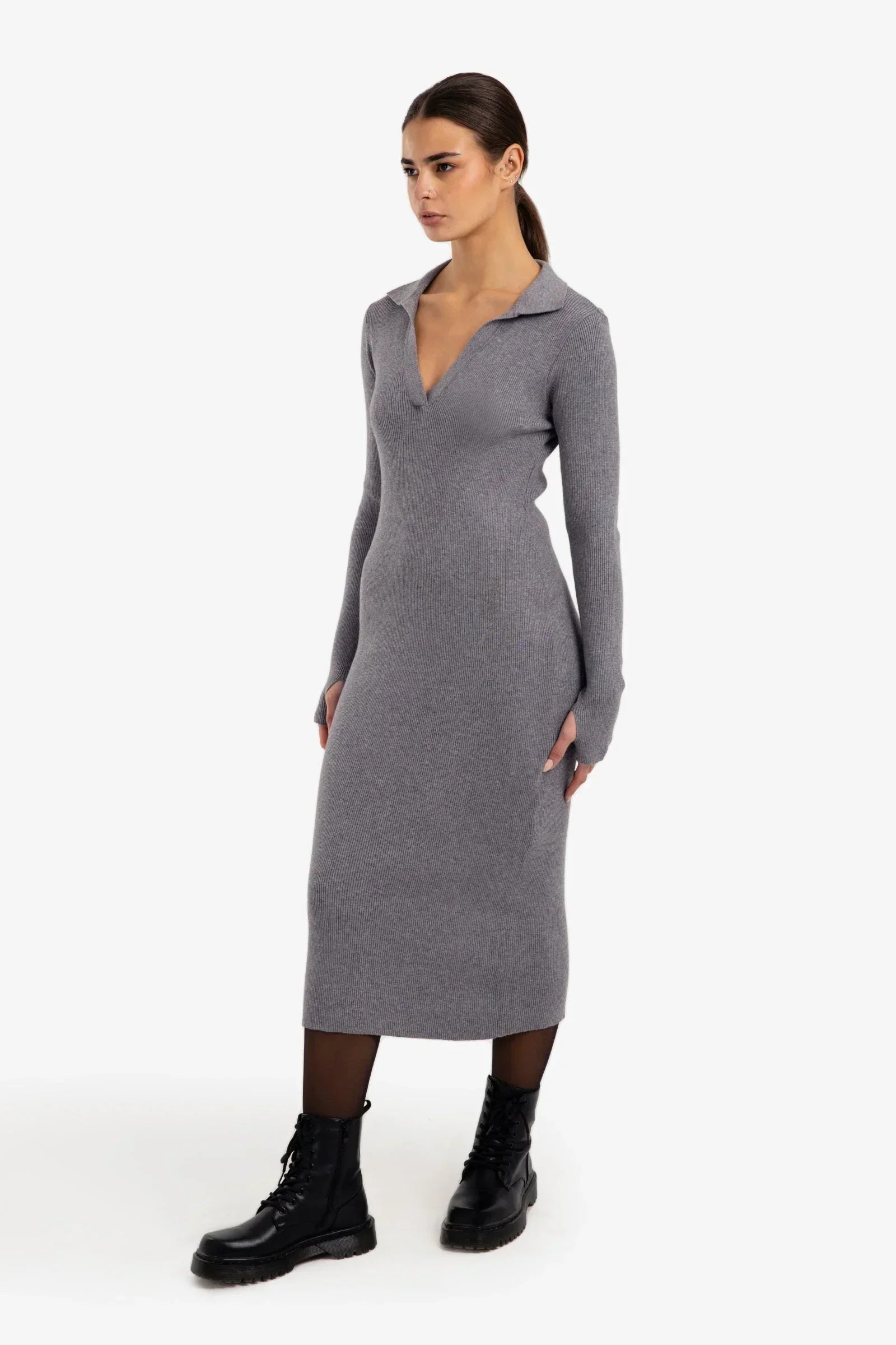 Clue - V-Neck Ribbed Dress 1