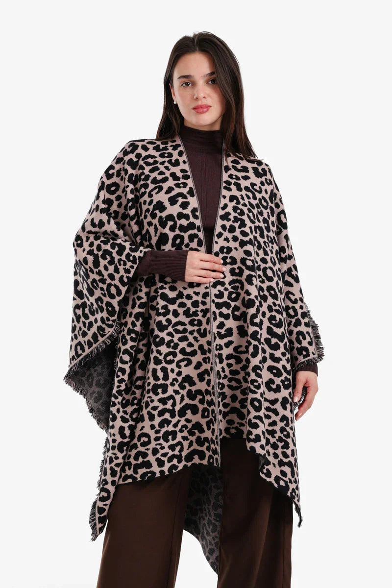 Carina - Fringed Leopard Pattern Poncho 1