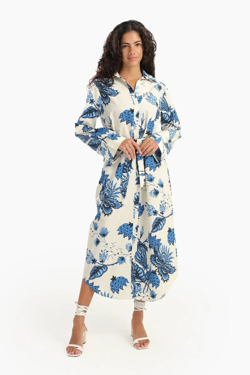 Carina - Blue Flowers Print Midi Dress 1