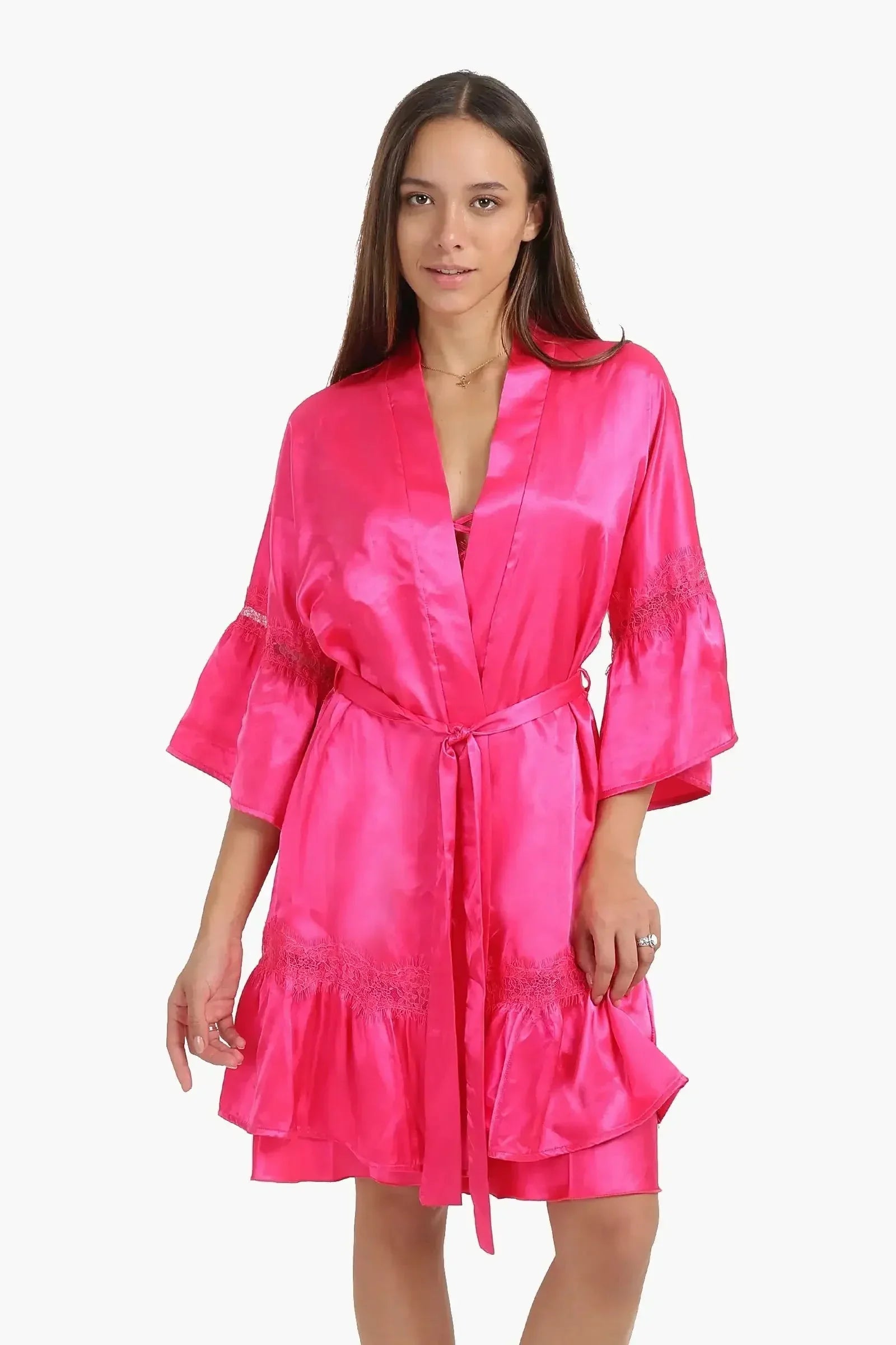 Carina - Fuchsia Satin Robe with Ruffles 2