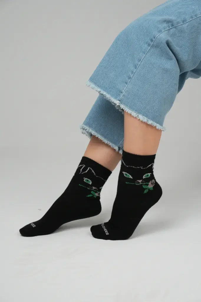 3 Feathers Cat Design Cotton High Ankle Socks Free Size Fits 36 - 41 for Women 1