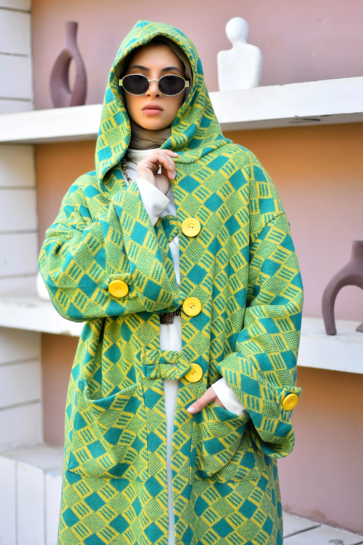 Queenza - Emerald Mosaic Hooded Winter Cardigan 1