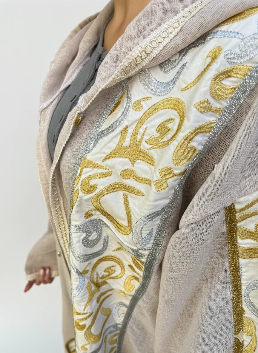 Urbantique - Beige Linen Kaftan Embroidered with Gold and Silver 2