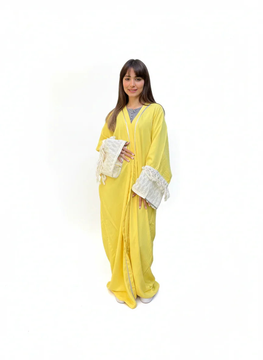 Urbantique - Yellow Linen Kaftan with Tassel Sleeves 1
