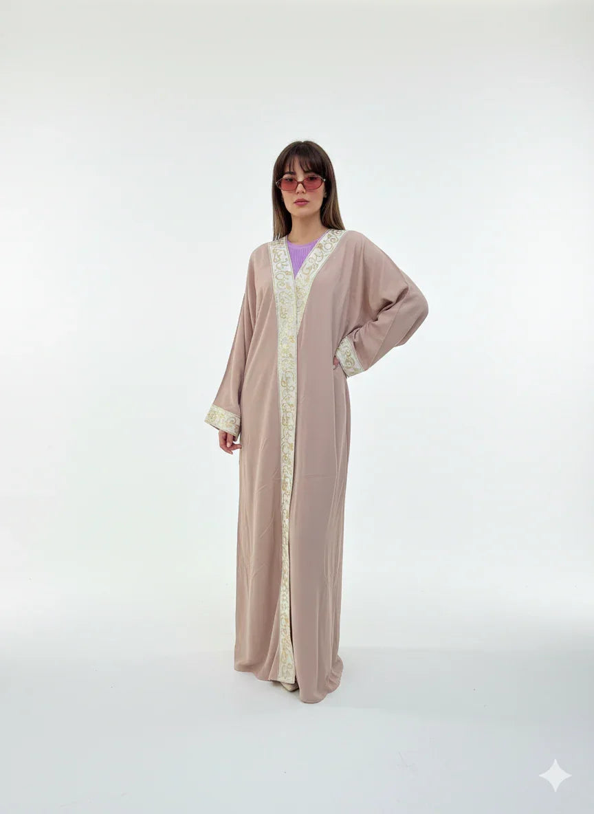 Urbantique - Beige Kaftan Embroidered with Arabic Letters in Gold 1