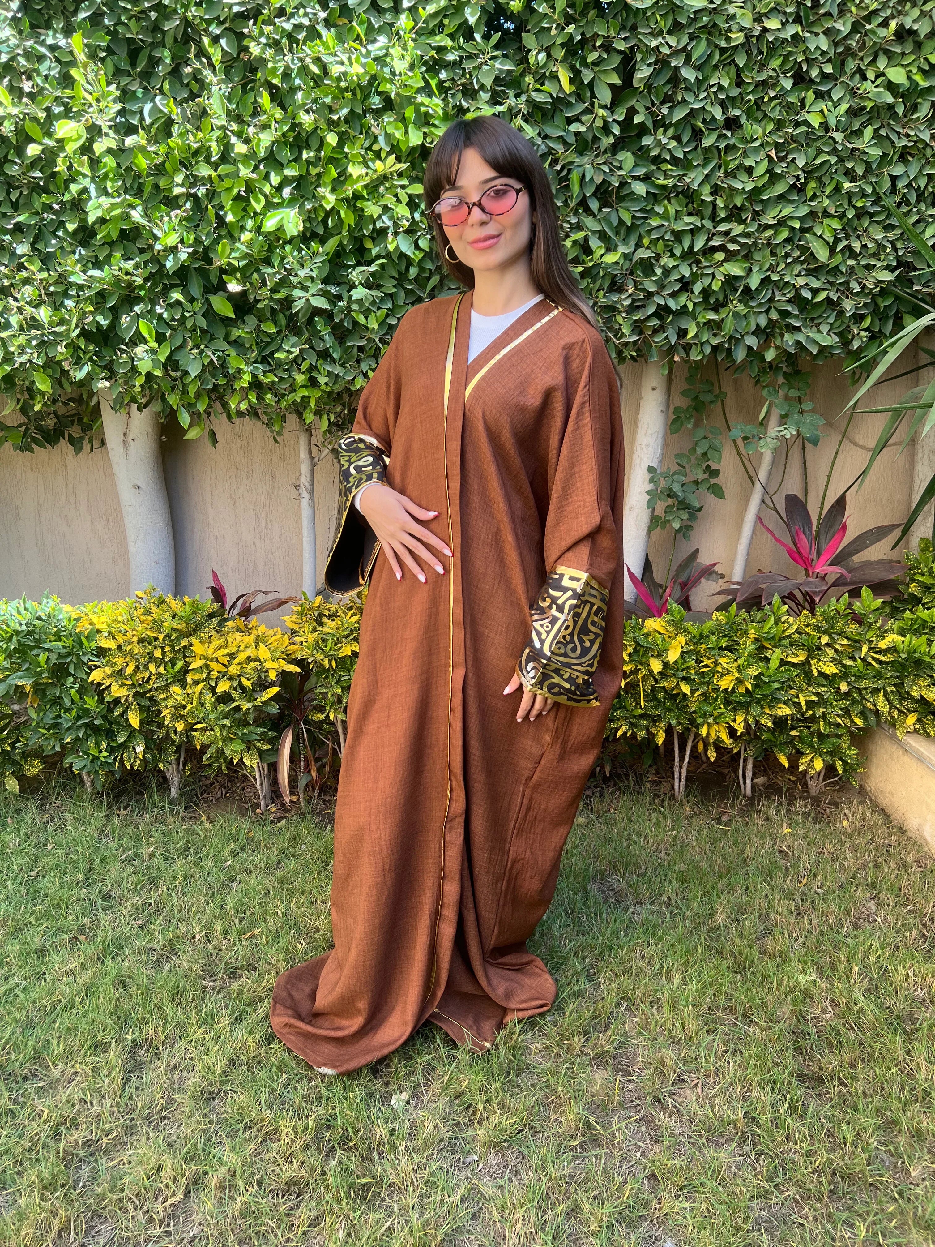 Urbantique - Brown Kaftan with Gold Arabic Letters 3