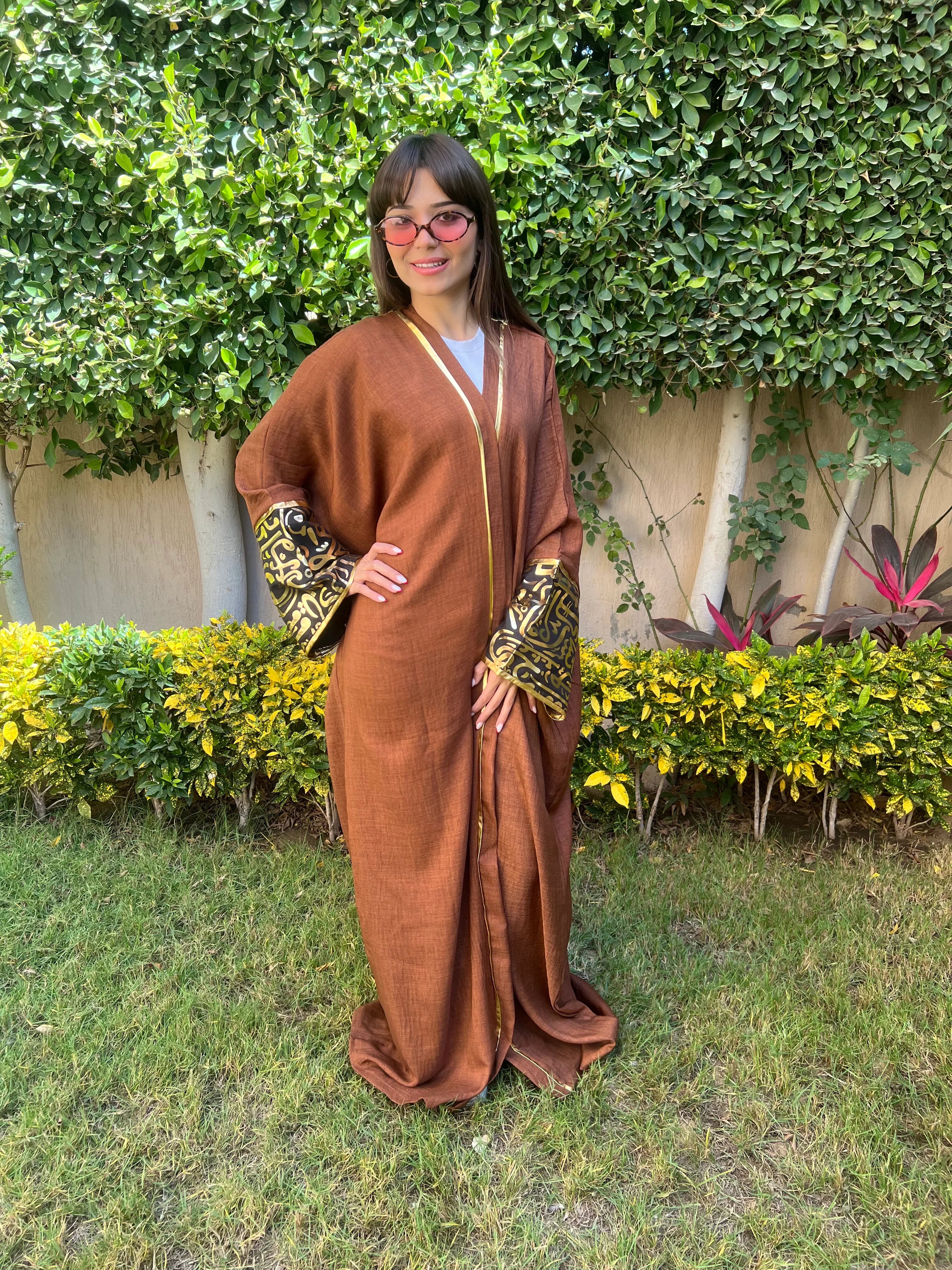 Urbantique - Brown Kaftan with Gold Arabic Letters 4