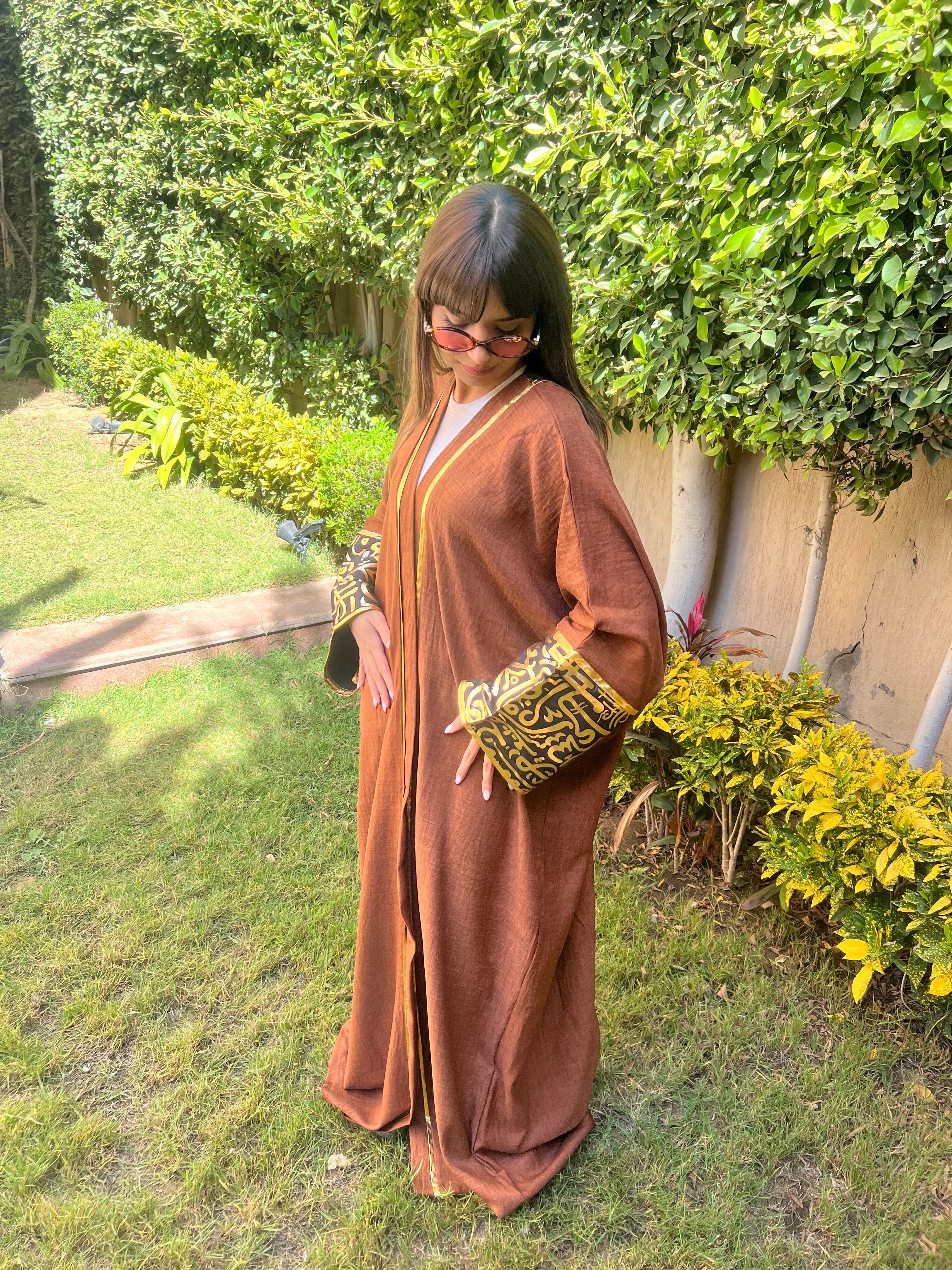 Urbantique - Brown Kaftan with Gold Arabic Letters 6