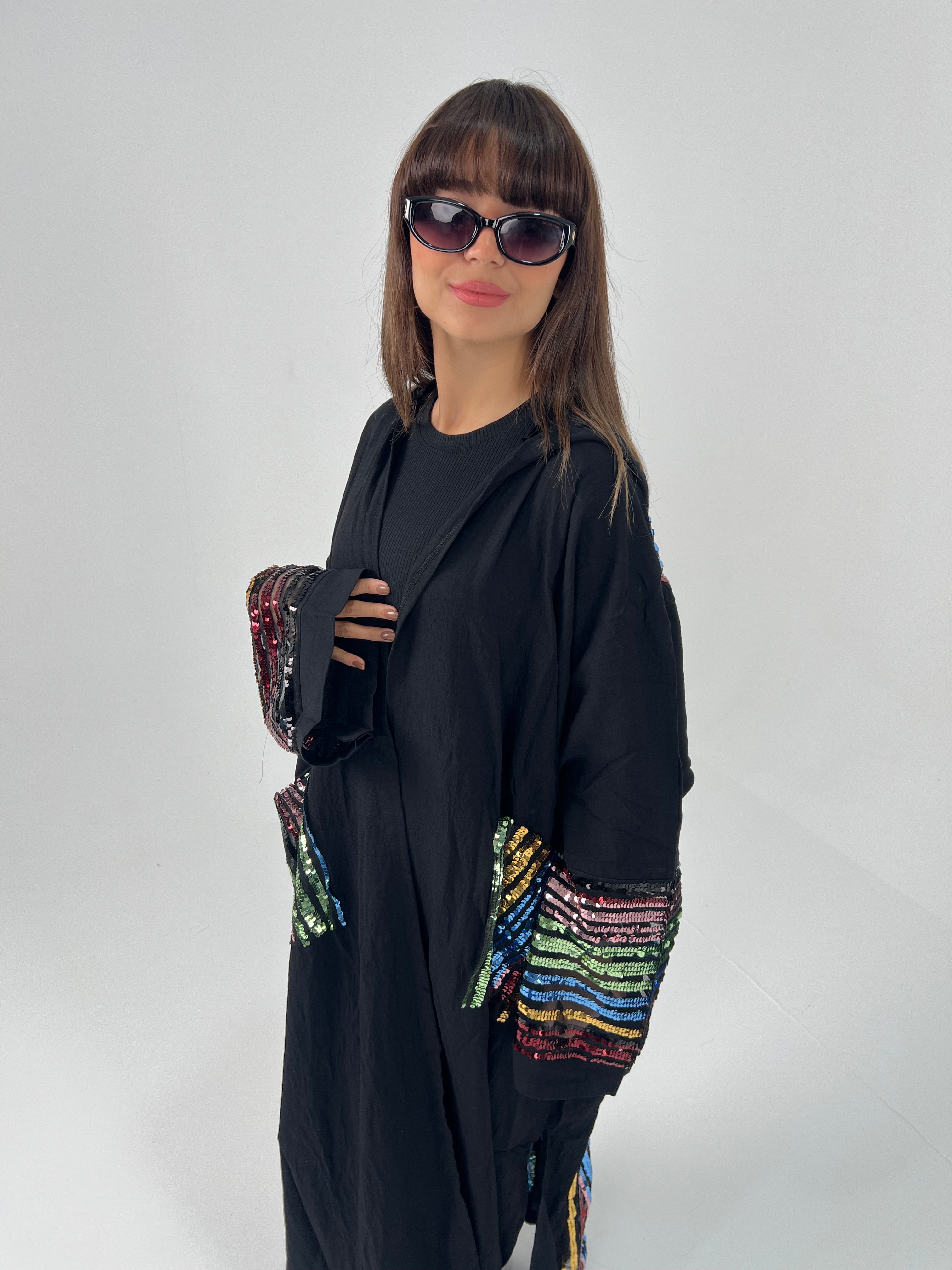 Urbantique - Black Moroccan Kaftan Embroidered with Sequins 8