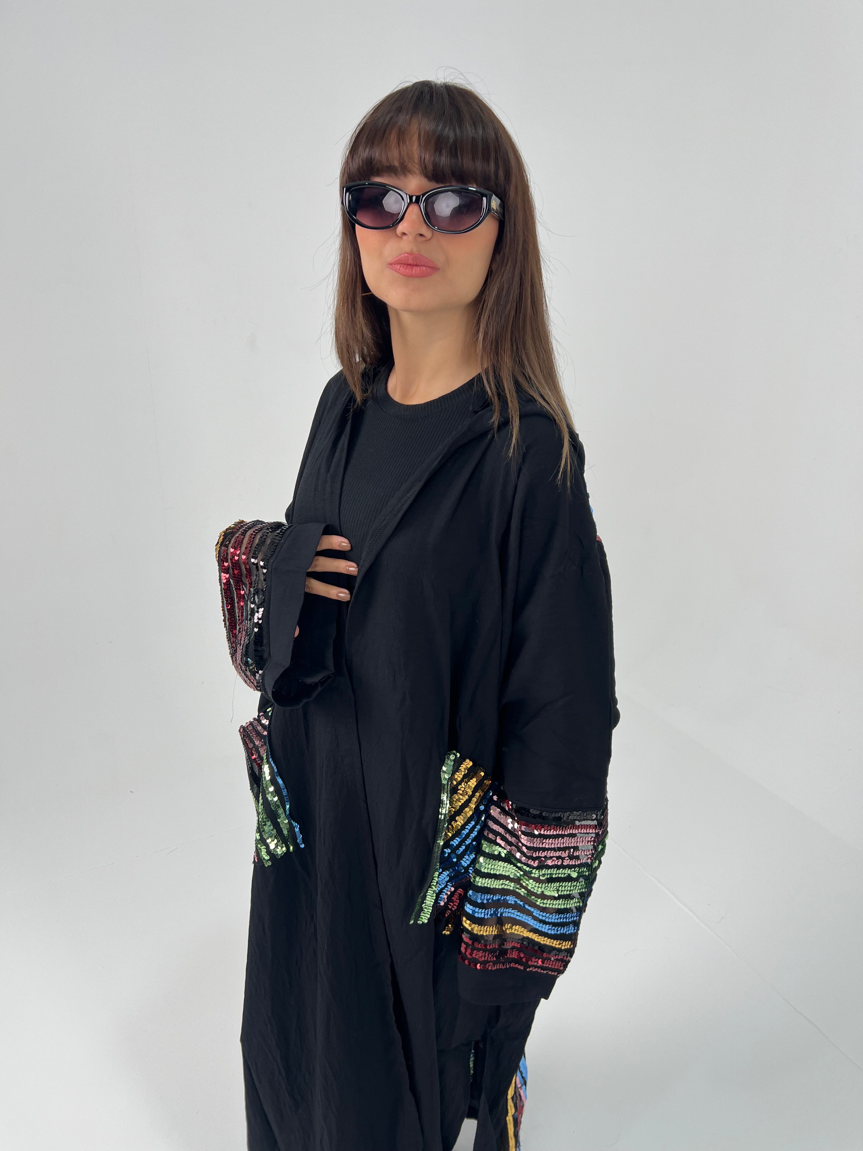 Urbantique - Black Moroccan Kaftan Embroidered with Sequins 9