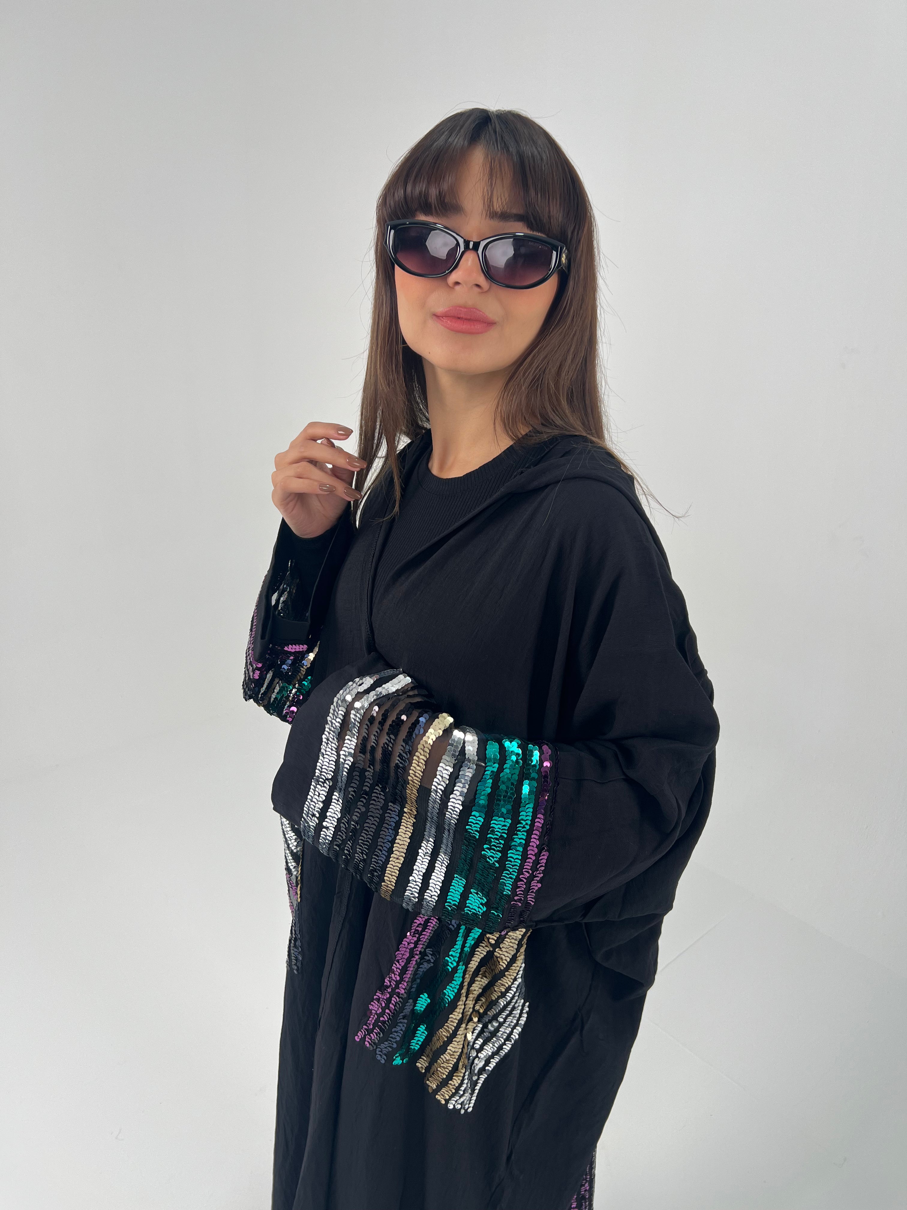 Urbantique - Black Moroccan Kaftan Embroidered with Gold*Silver Sequins 3