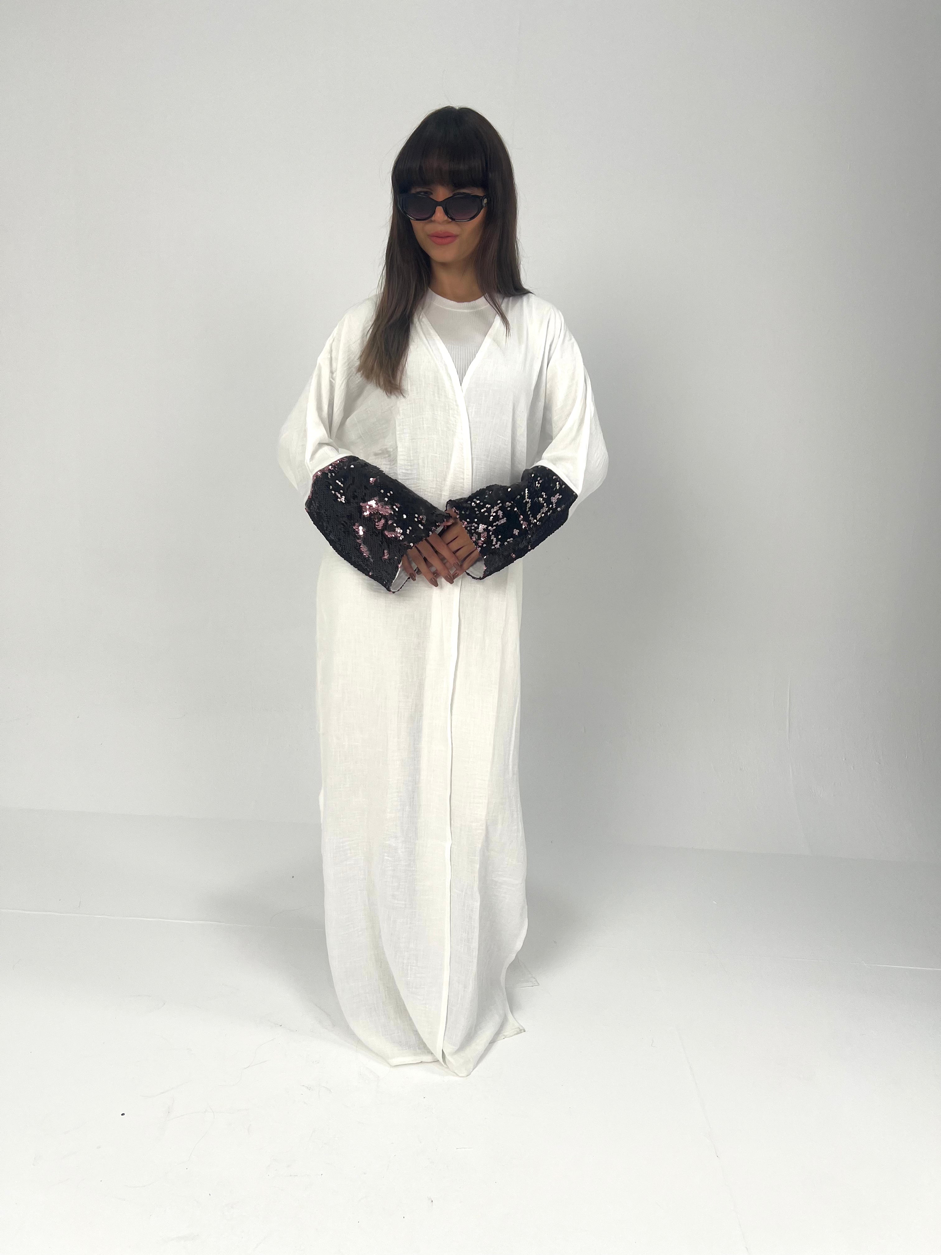 Urbantique - White Moroccan Kaftan Embroidered with Sequins 4