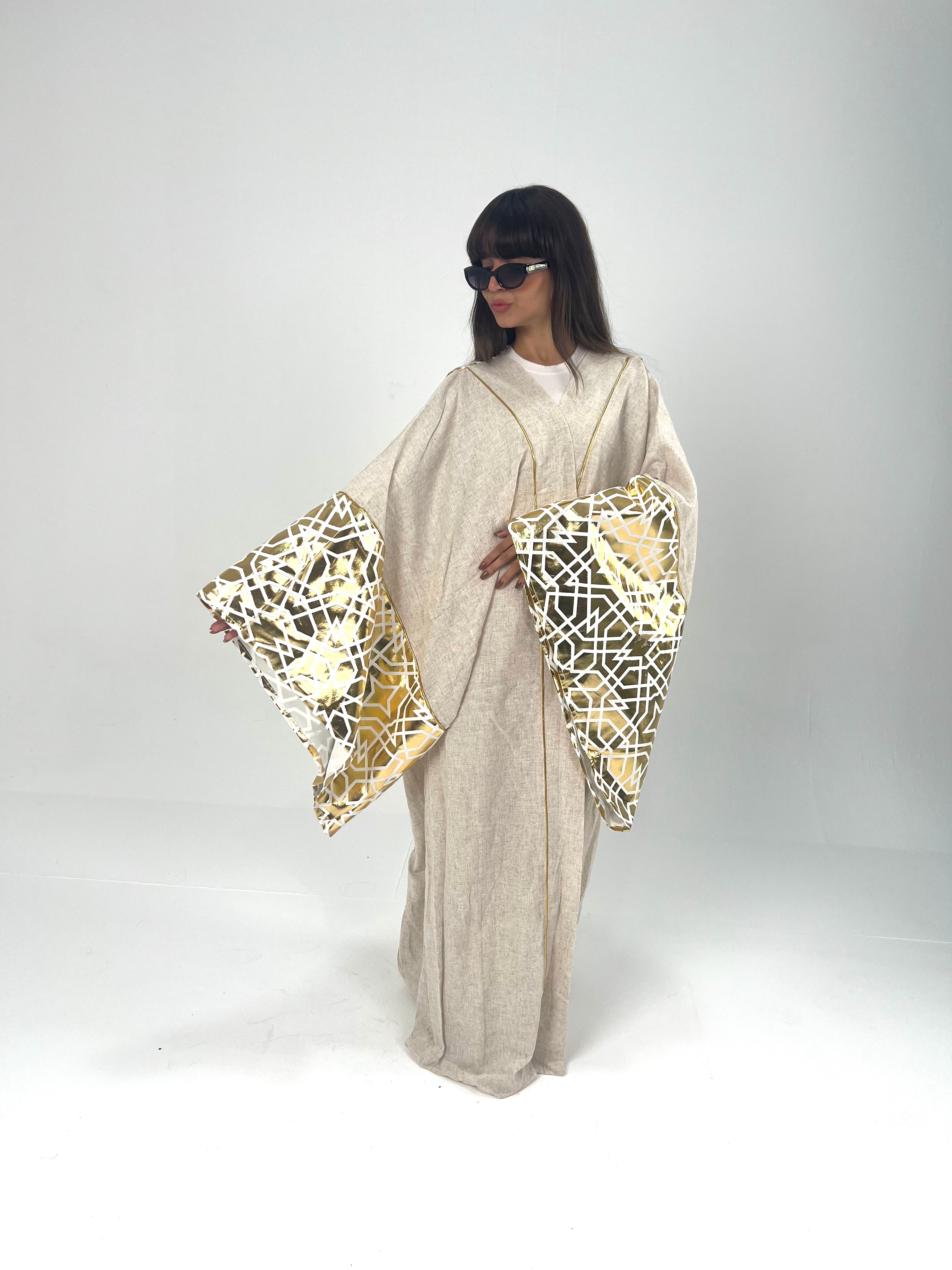 Urbantique - Plus Size Beige Kaftan in Gold Linen 4