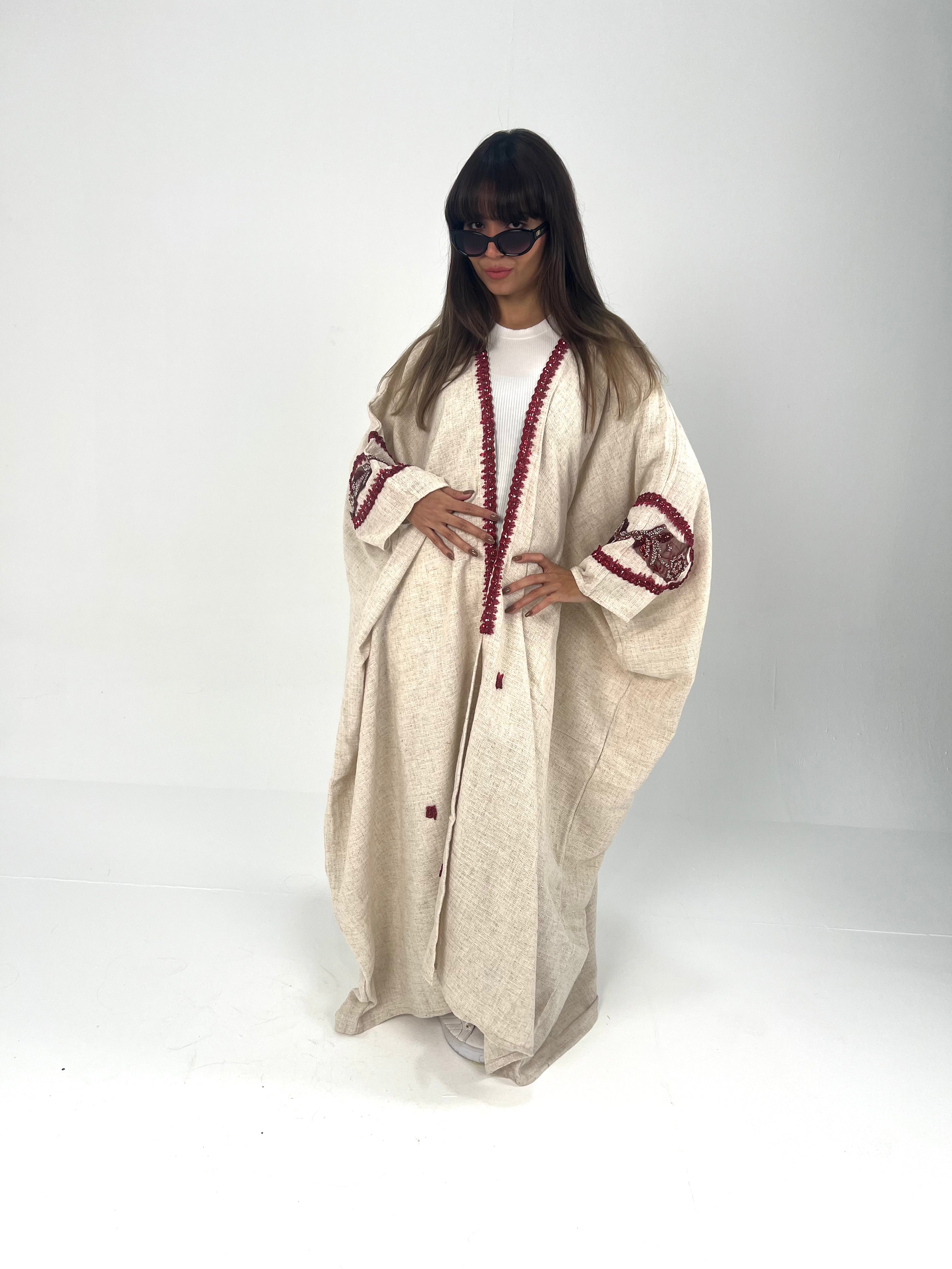 Urbantique - Beige Kaftan Embroidered in Burgundy 3