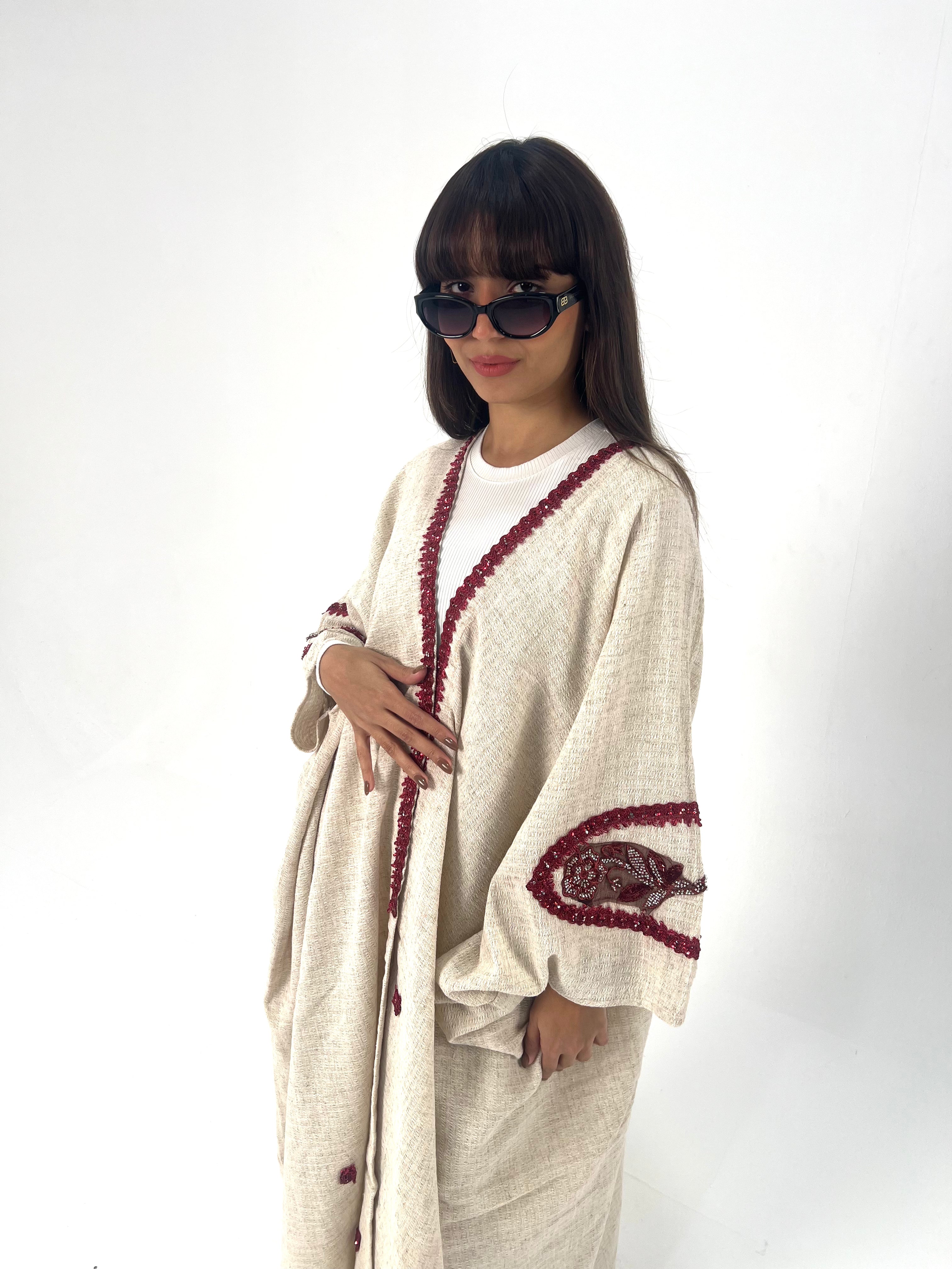 Urbantique - Beige Kaftan Embroidered in Burgundy 4
