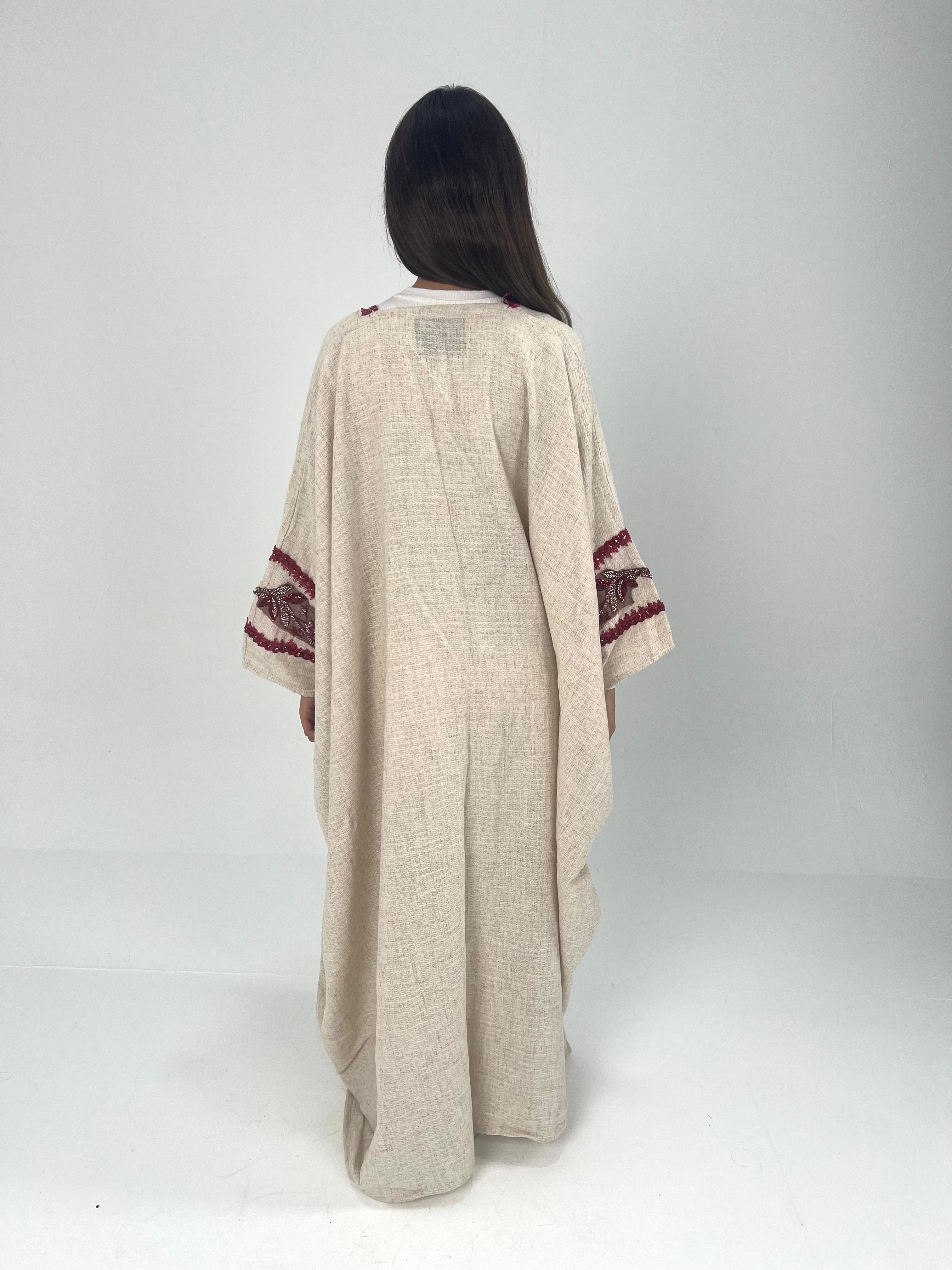 Urbantique - Beige Kaftan Embroidered in Burgundy 7
