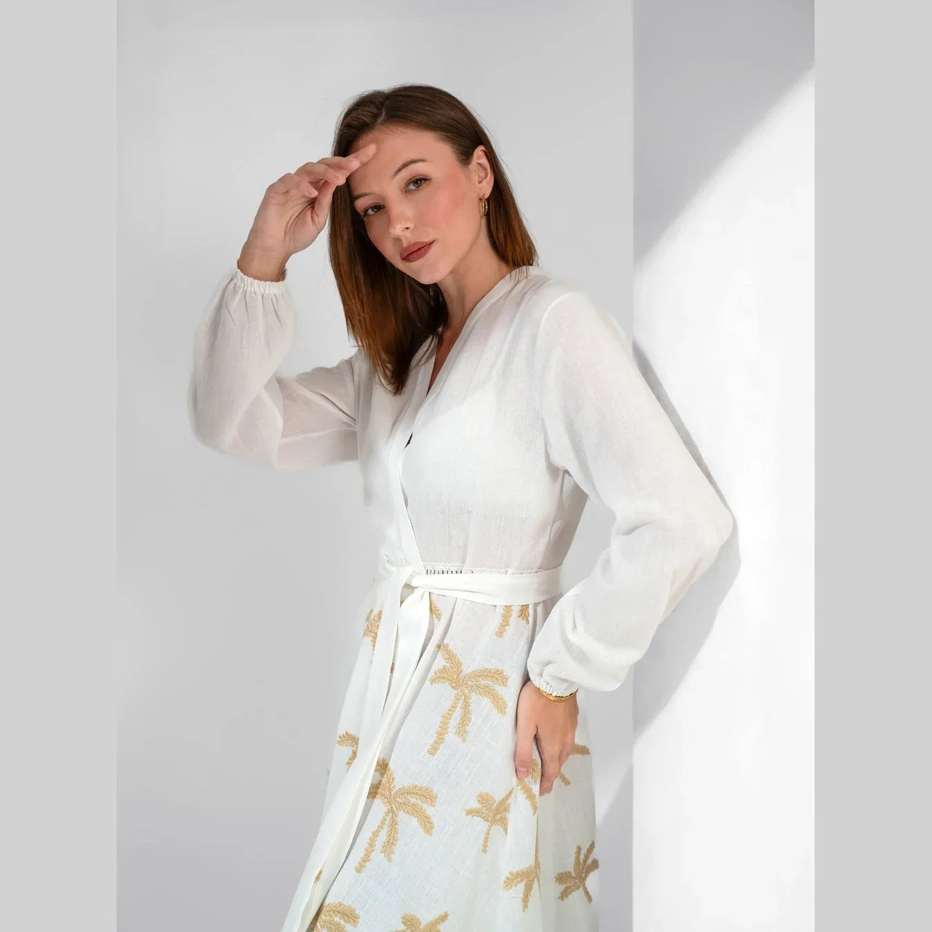 KC Shop - Embroidered Linen Sleeved Kimono With Belt 3