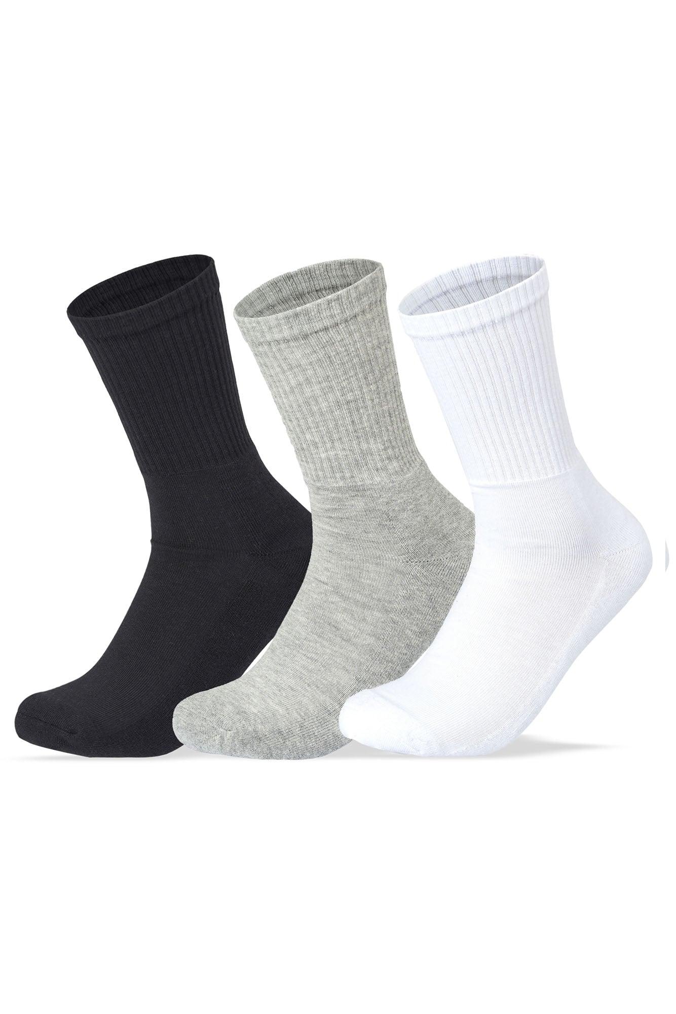 Sam Socks - Men Set Of 3 Long Half Terry Sport Socks Plain Black-White-Grey 5