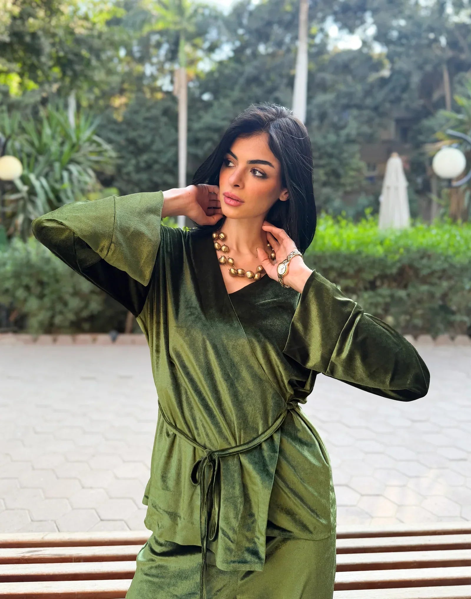 Reehan - Olive Green Side Tie Kimono Set 4