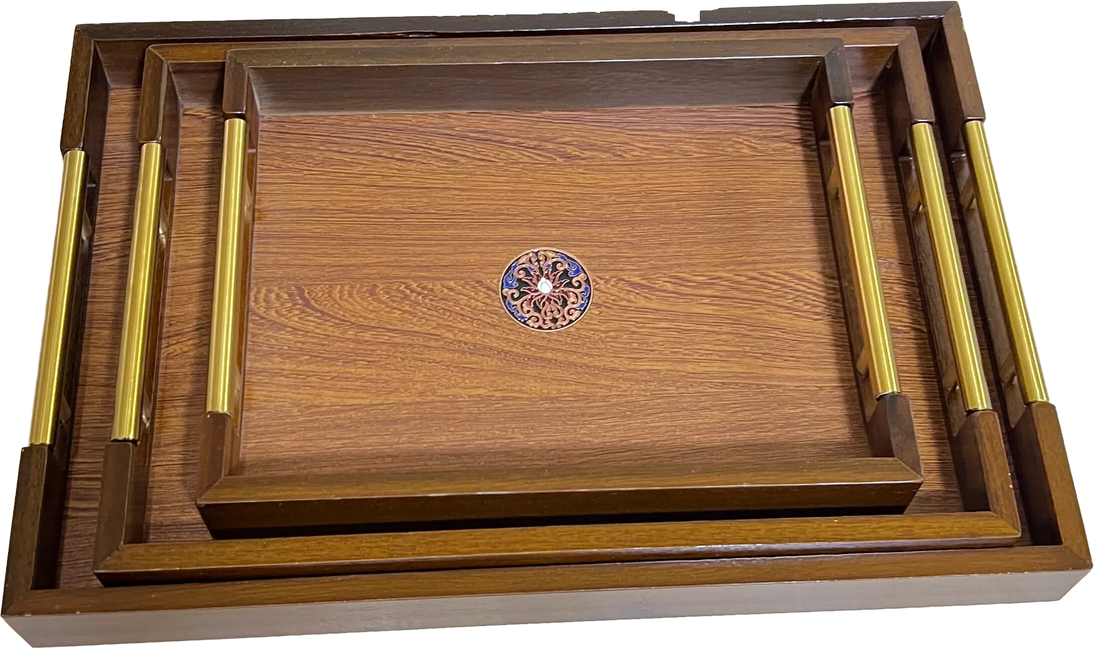 Urbantique - Rectangular Wooden Serving Tray with Gold Metal Handles 1