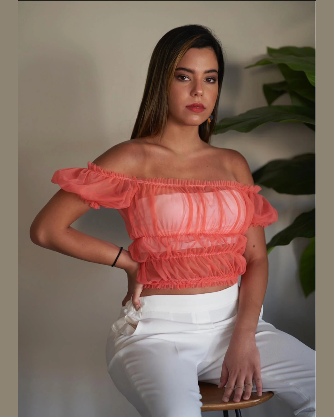 Nosh - Off-Shoulder Orange Tulle Top 2