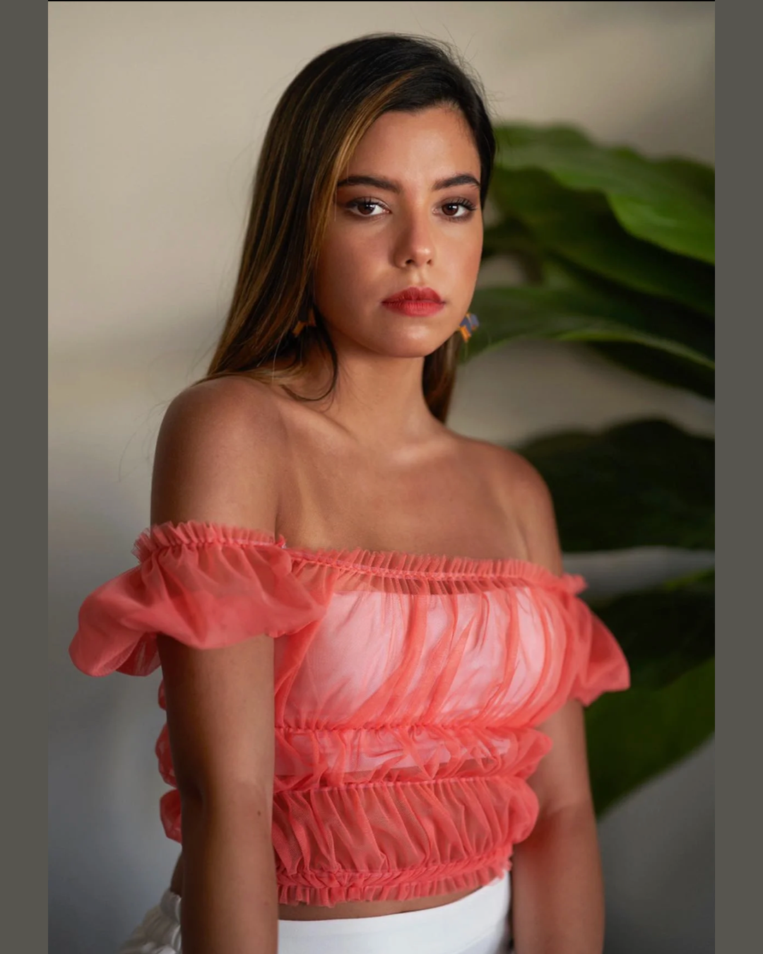 Nosh - Off-Shoulder Orange Tulle Top 1