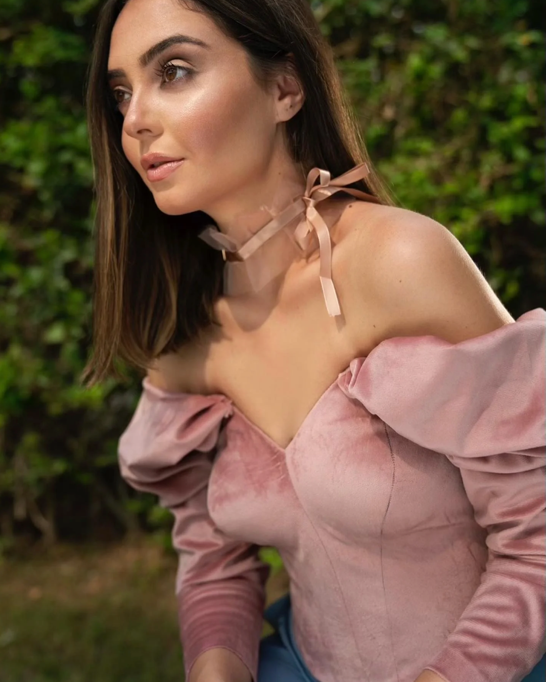 Nosh - Pink Velvet Draped Sleeves Corset Top 1