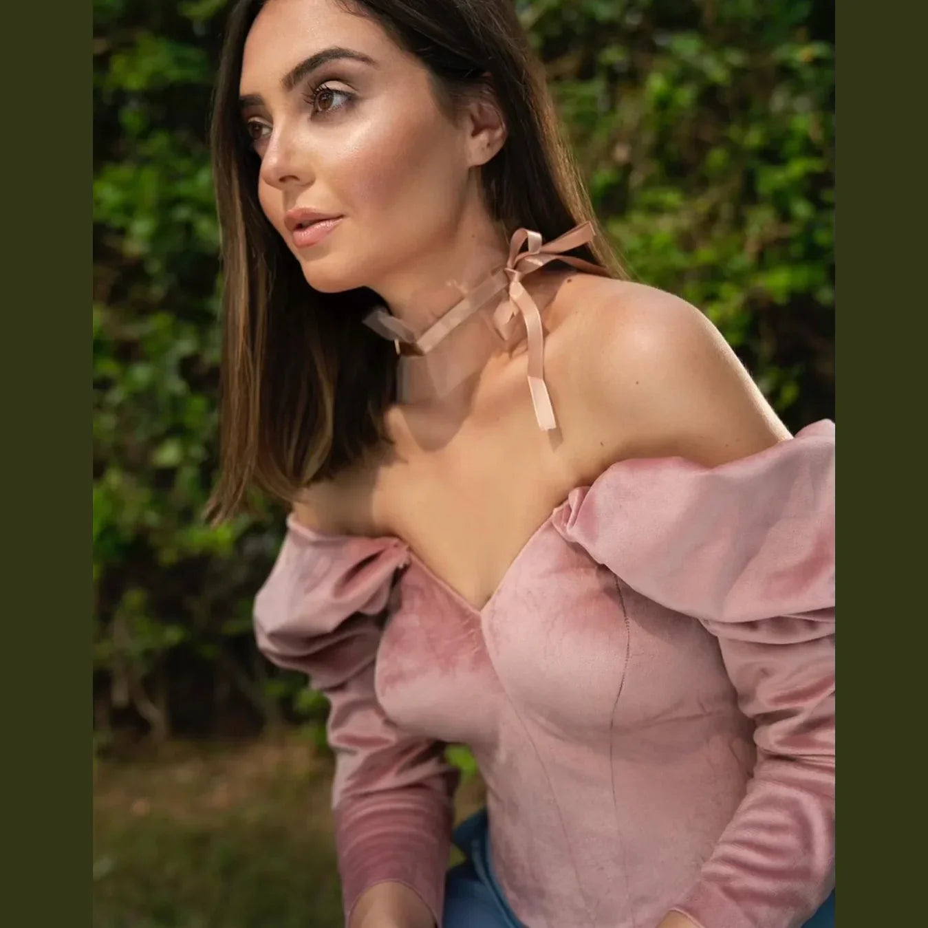 Nosh - Pink Velvet Draped Sleeves Corset Top 1