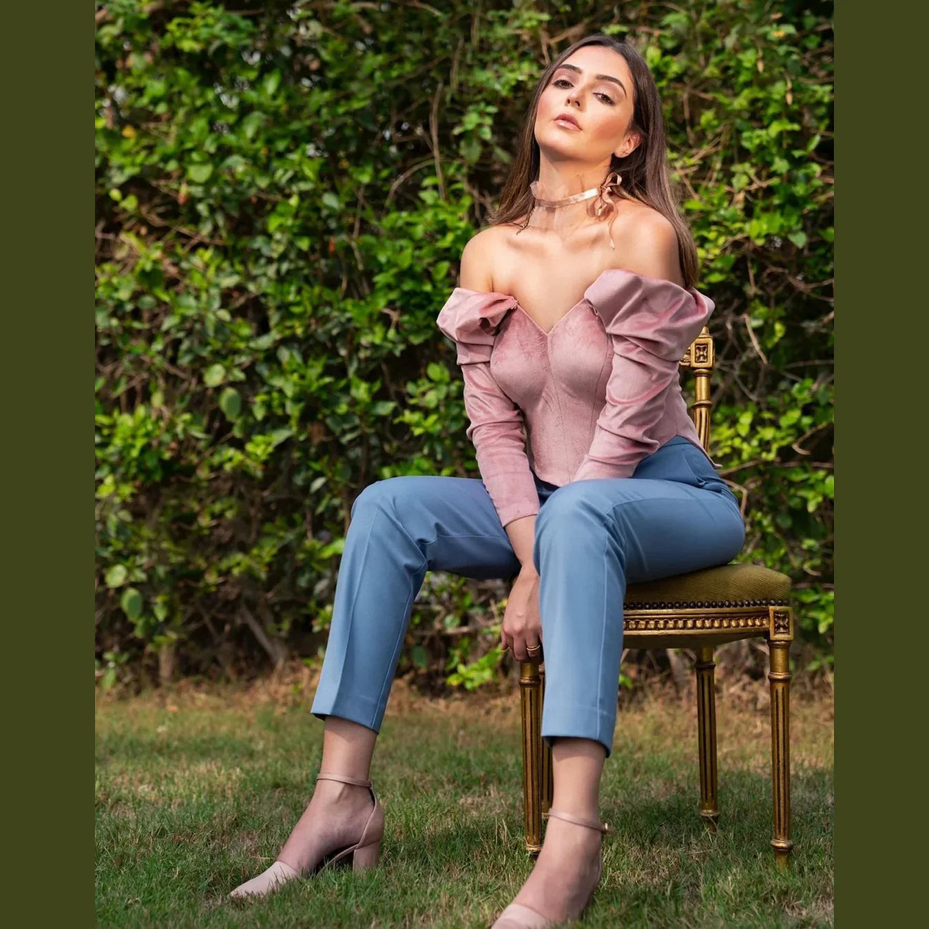 Nosh - Pink Velvet Draped Sleeves Corset Top 2