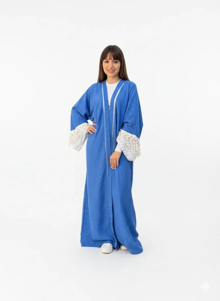 Blue Linen Kaftan with Tassel Sleeves - Urbantique - Babazzaro