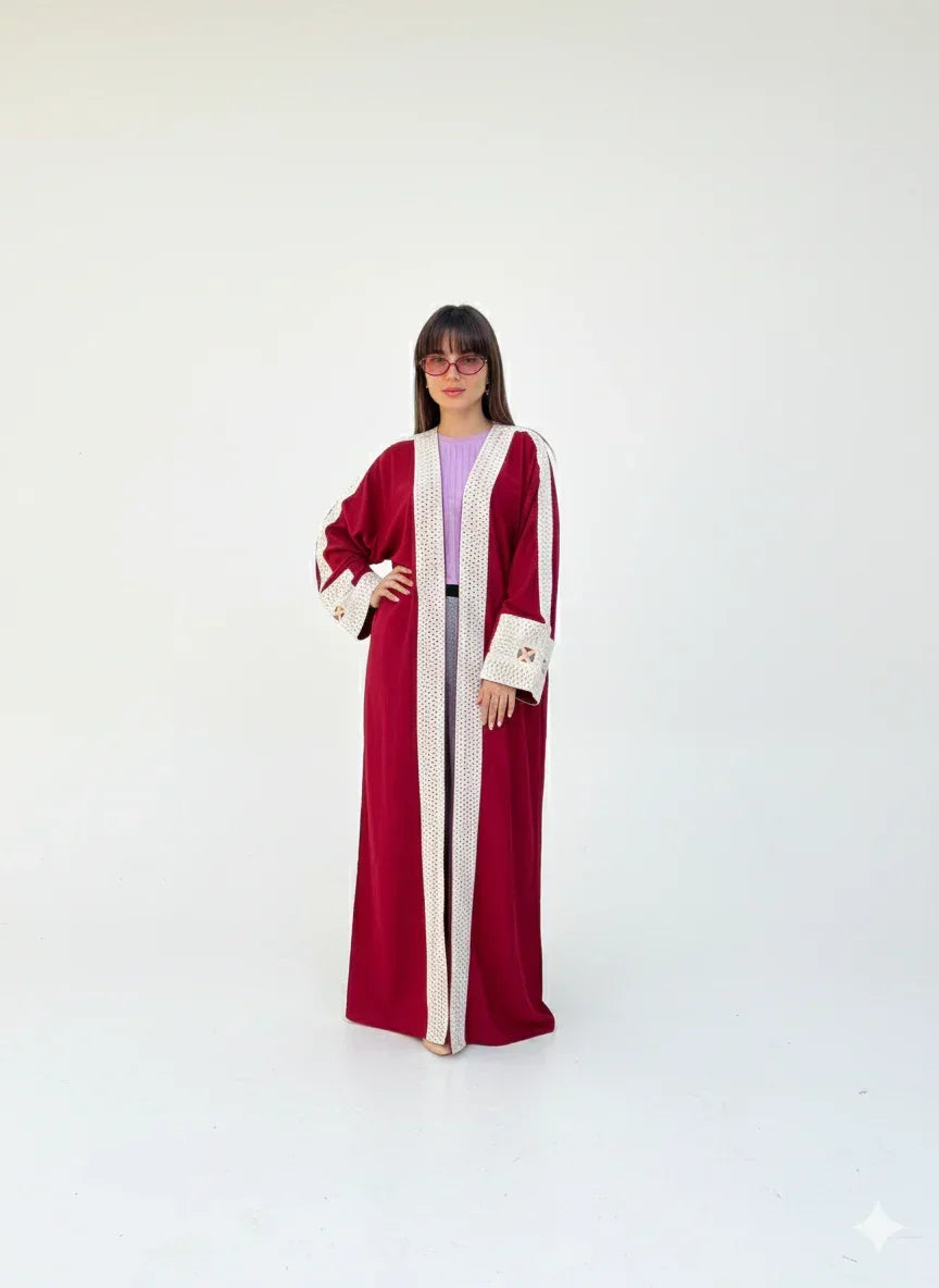Burgundy Kaftan Embroidered in Beige - Urbantique - Babazzaro