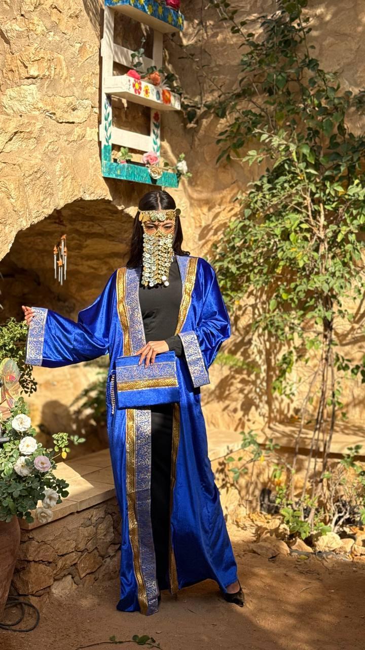 French Velvet Blue Cardigan with Arabic Sleeve in Gold and Clutch Bag - Blue Bell - Babazzaro