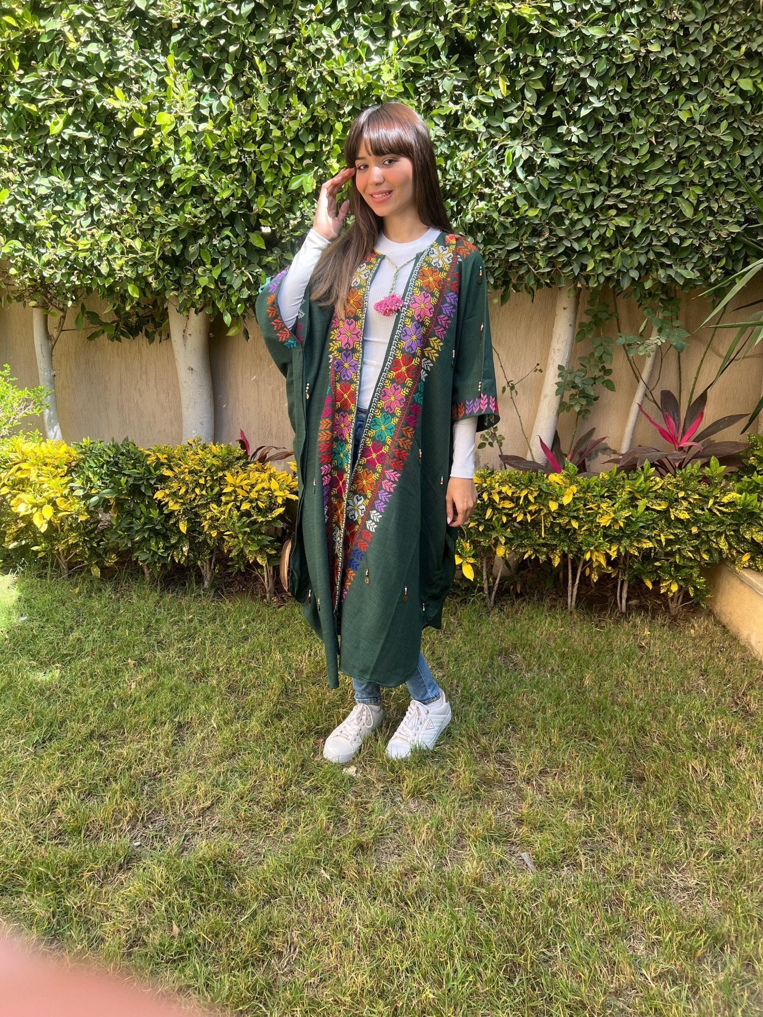 Green Kaftan with Multicolored Embroidery - Urbantique - Babazzaro