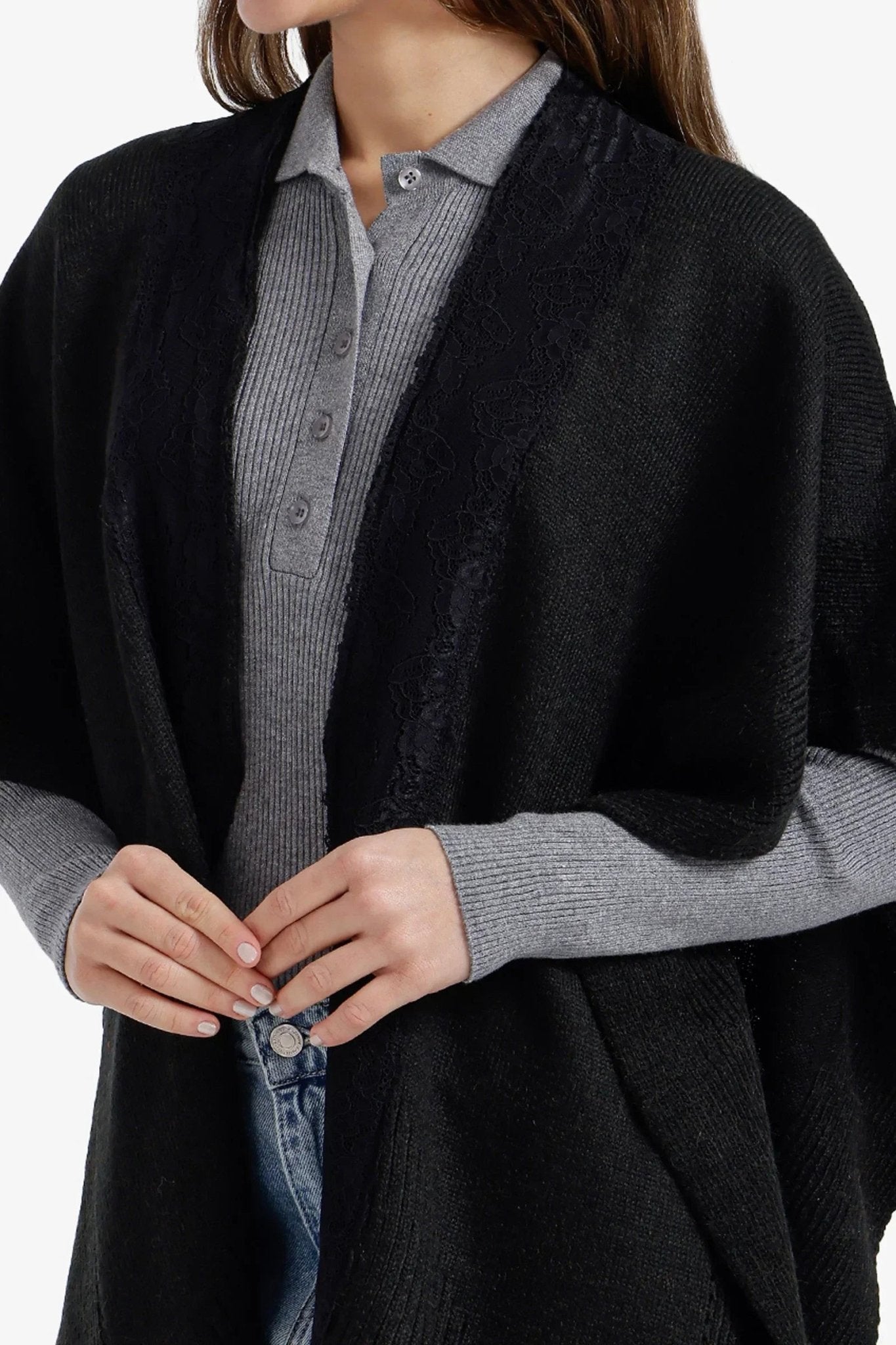 Lace - Trim Asymmetric Poncho - Carina - Babazzaro