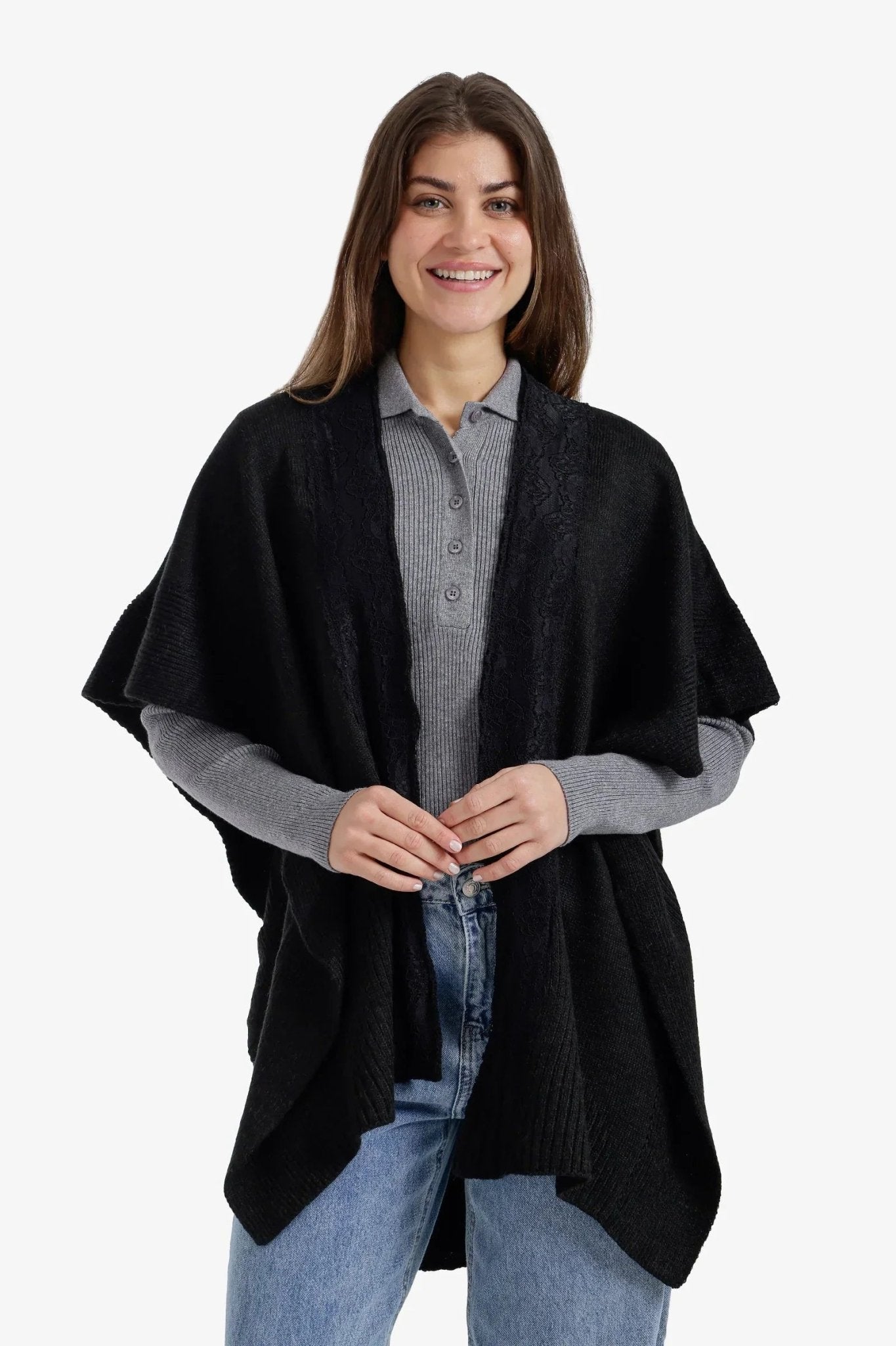 Lace - Trim Asymmetric Poncho - Carina - Babazzaro