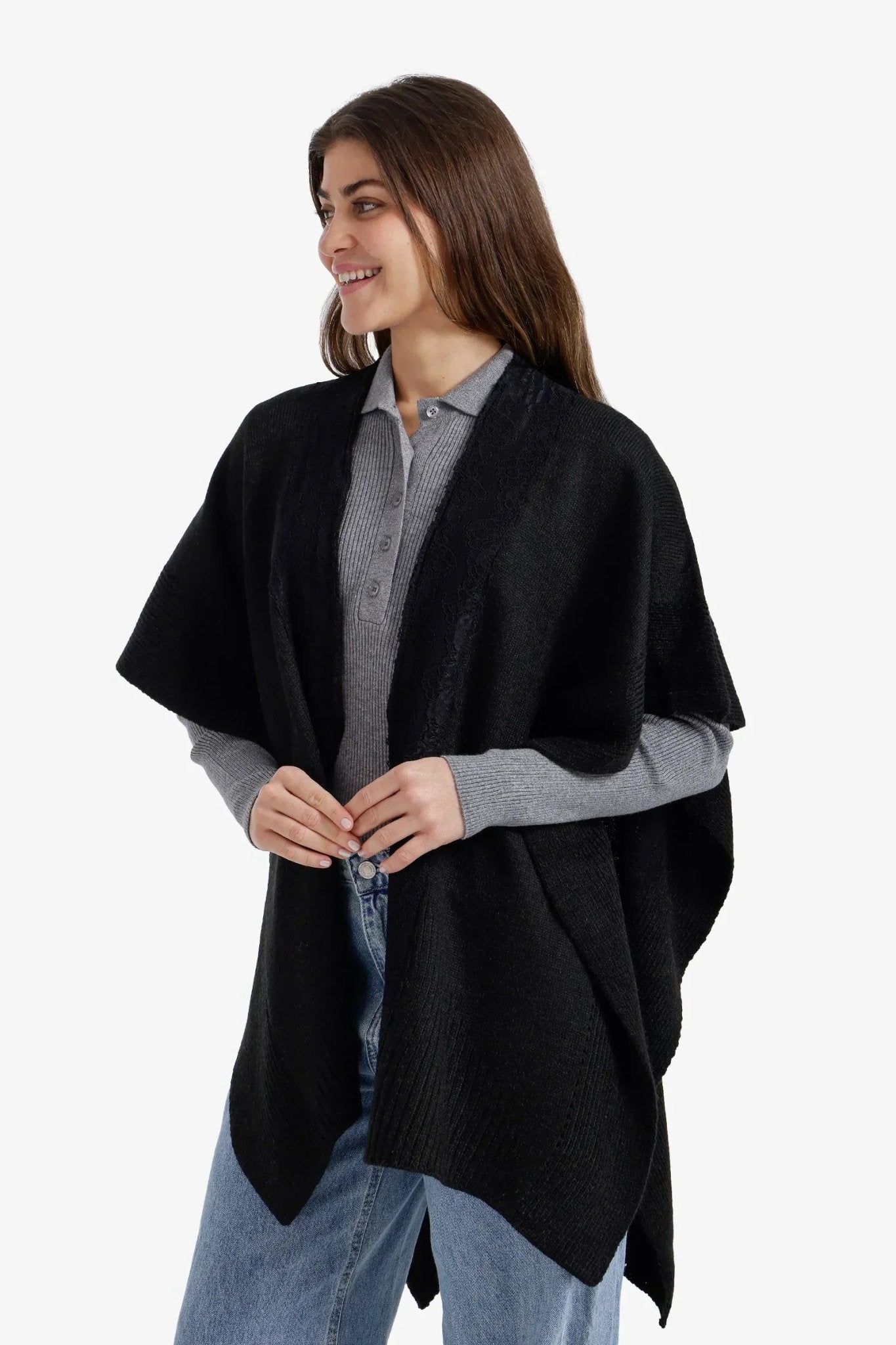 Lace - Trim Asymmetric Poncho - Carina - Babazzaro
