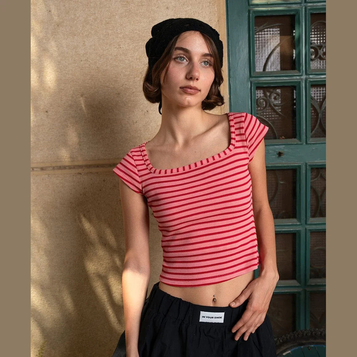 In your shoe - Pink Striped Square Neck Top 1